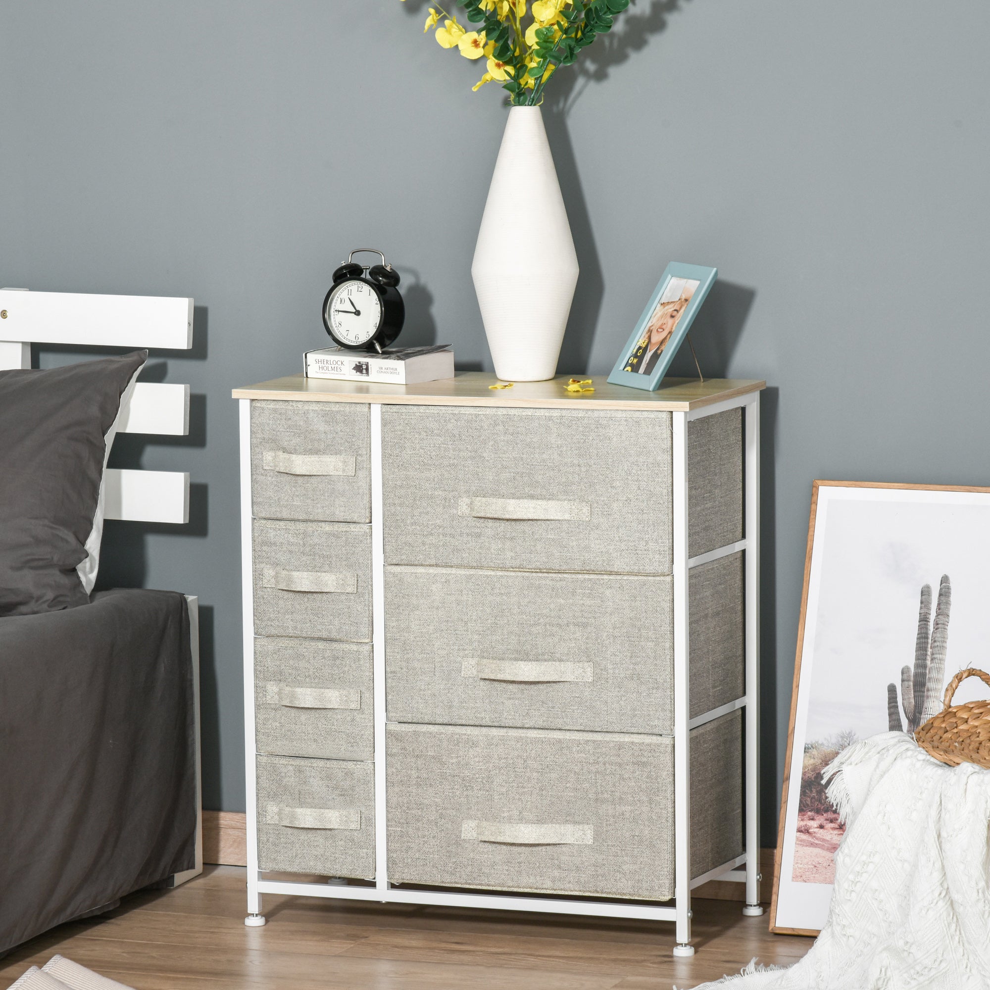 HOMCOM Kommode, Sideboard, 7 faltbare Stoffschubladen, Metallgestell, 63,5 x 30 x 71 cm, Hellgrau