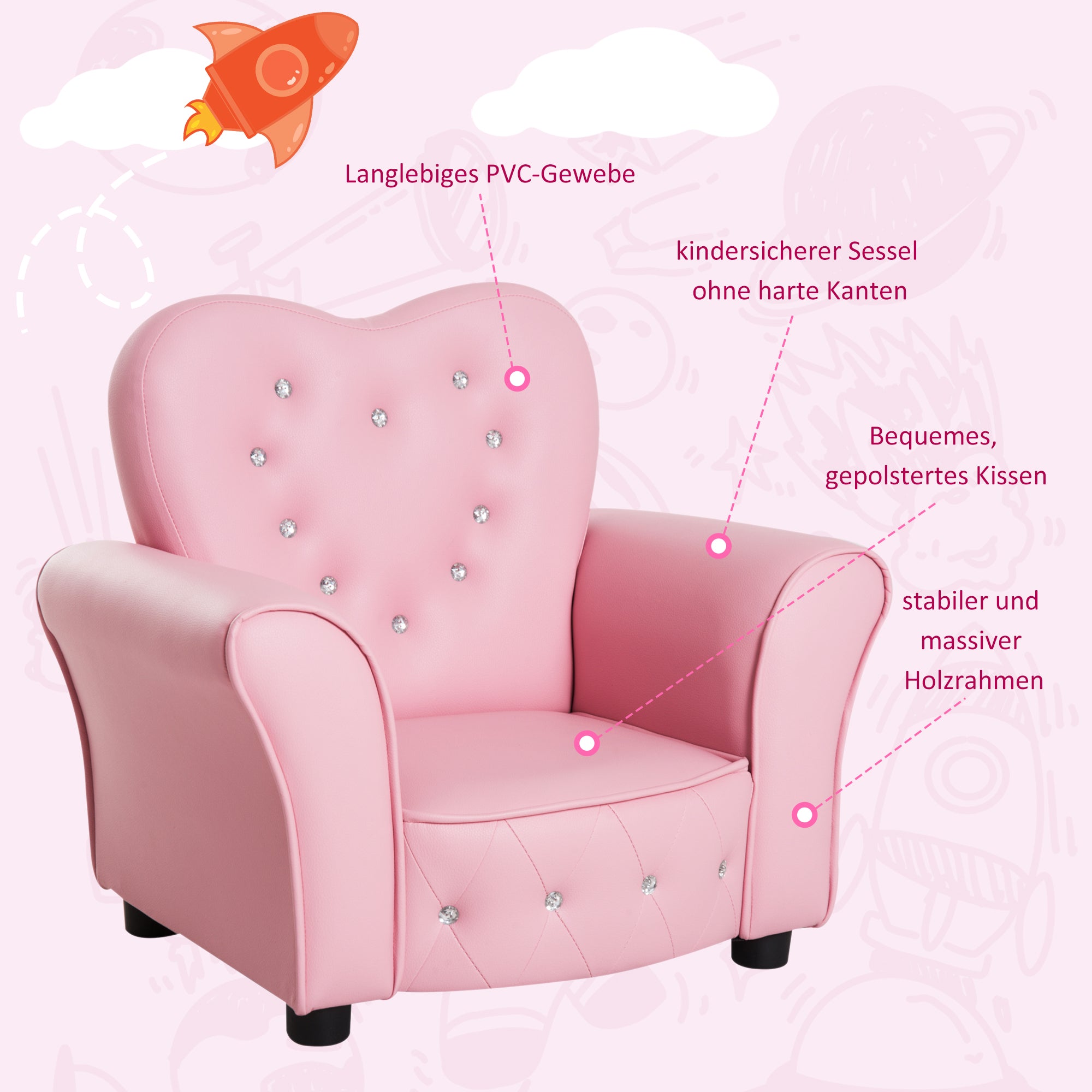HOMCOM Kindersofa Kindersessel Prinzessin Minisofa Kinderzimmer Sofa herzförmig Rosa L59 x B41,5 x H49 cm