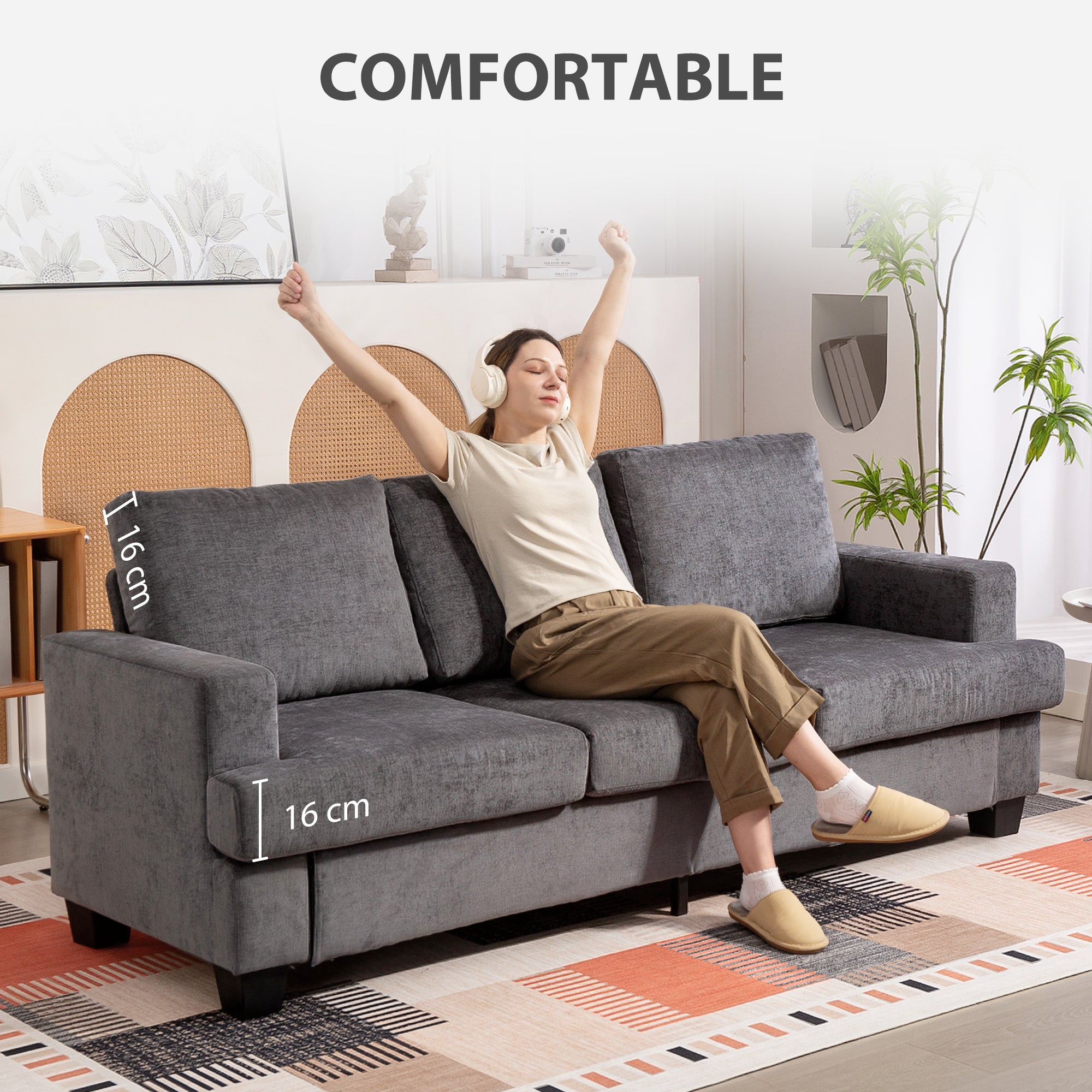 HOMCOM 3-Sitzer-Sofa, Wohnzimmersofa für 3 Personen, Stoffbezug, Stahlrahmen, Polstersofa, Grau