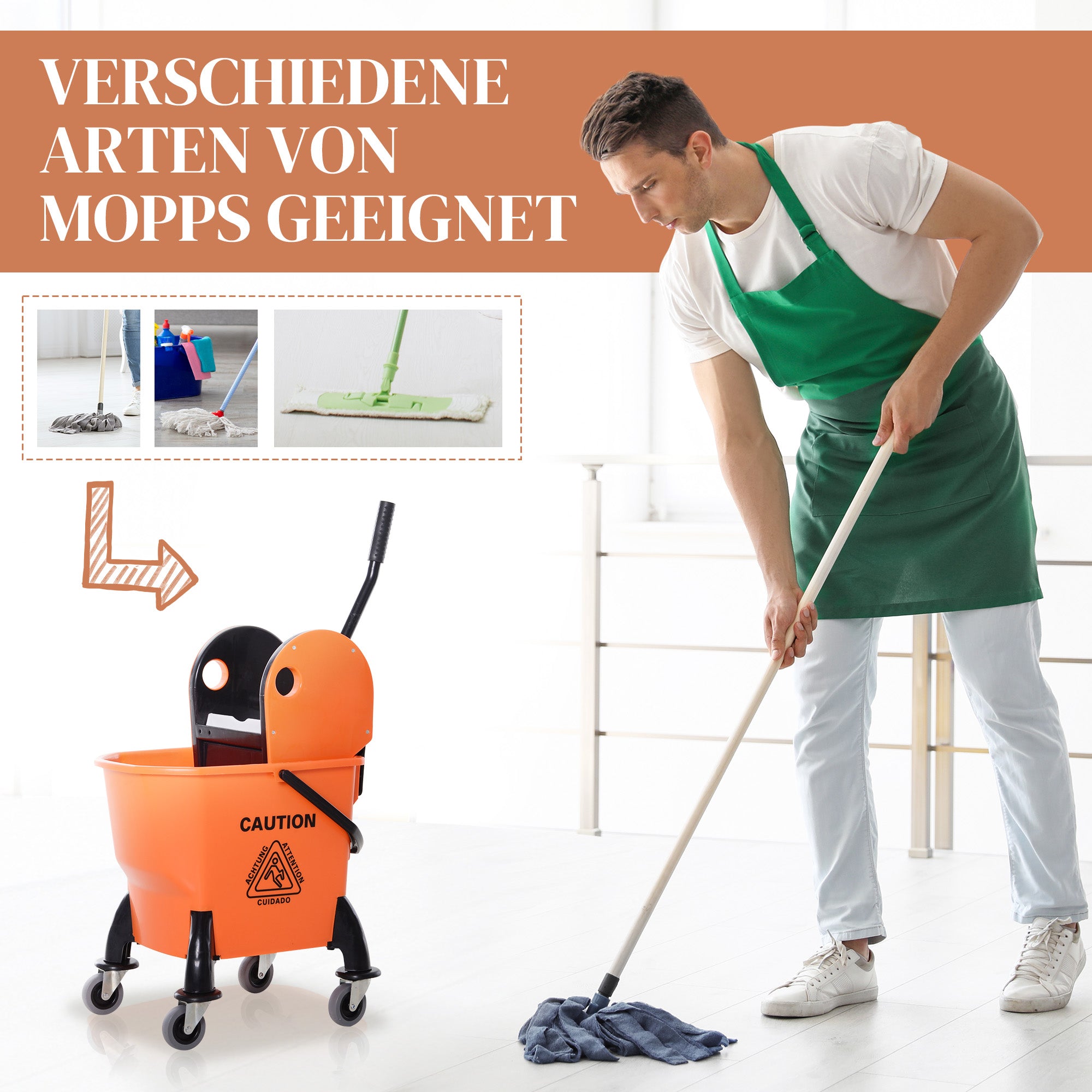 HOMCOM Rollbarer Reinigungseimer, Moppeimer, Mopp-Presse, 26 L, Kunststoff, Orange