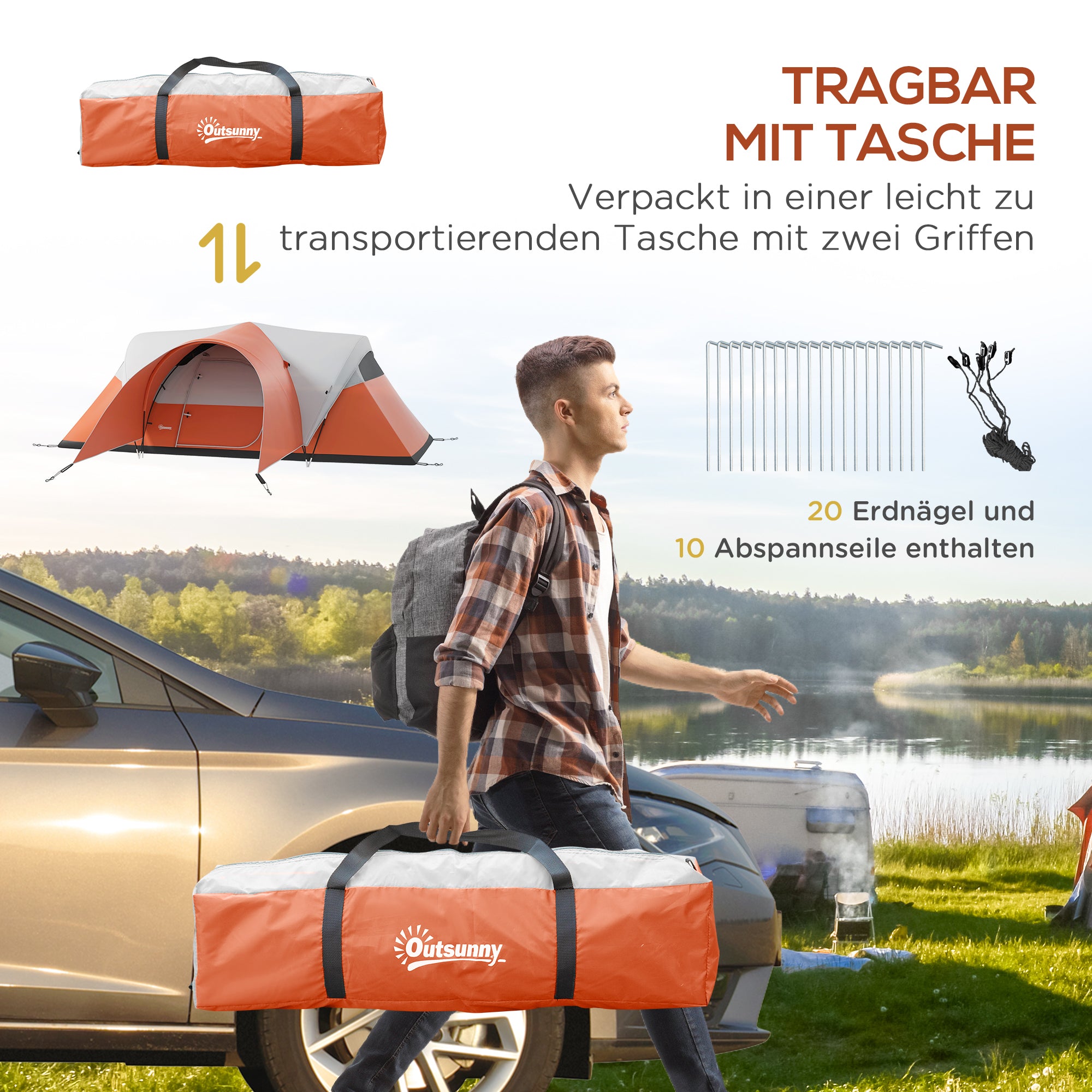 Outsunny Campingzelt für 5-6 Pers., Familienzelt, wasserdicht, mit Vorzelt, 550L x 300B x 198Hcm, Orange