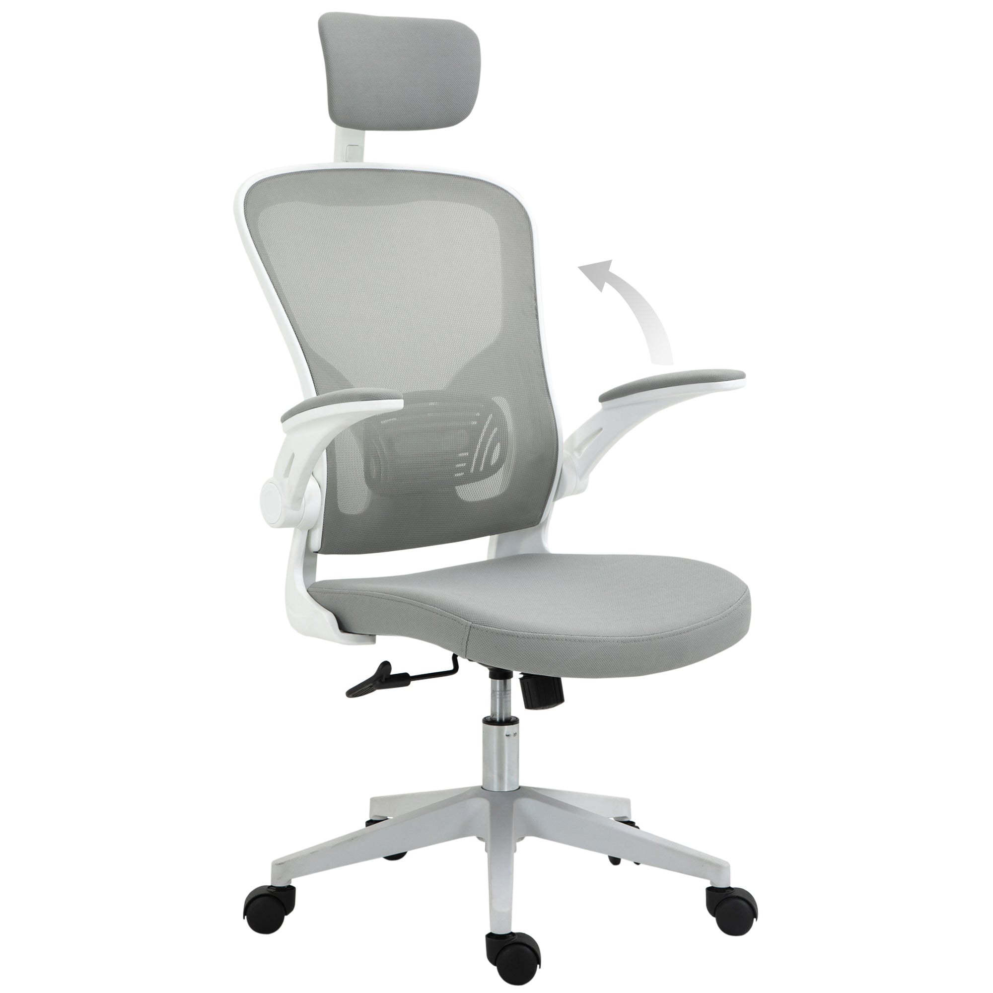 Vinsetto Bürostuhl ergonomischer Shreibtischstuhl mit Wippfunktion hoher Rückenlehne Lendenwirbelstütze Kopfstütze hochklappbarem Arm Home-Office Grau 65 x 64 x 114-122 cm