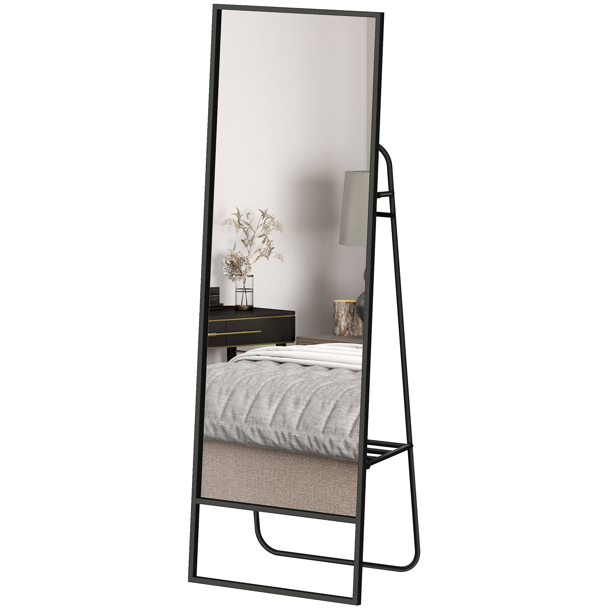 HOMCOM Ganzkörperspiegel, industrielles Design, hinteres Regal, 2 Haken, Metallrahmen, für Schlafzimmer, 157 x 50 cm, Schwarz