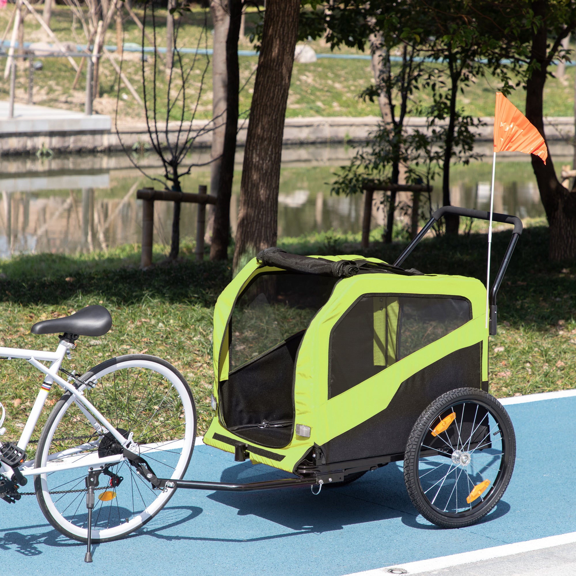 PawHut 2in1 Hundeanhänger, Schiebefunktion, 2 Eingänge, Netzfenster, Sonnenschutz, Stahlrahmen, grün, 170 x 77 x 90 cm