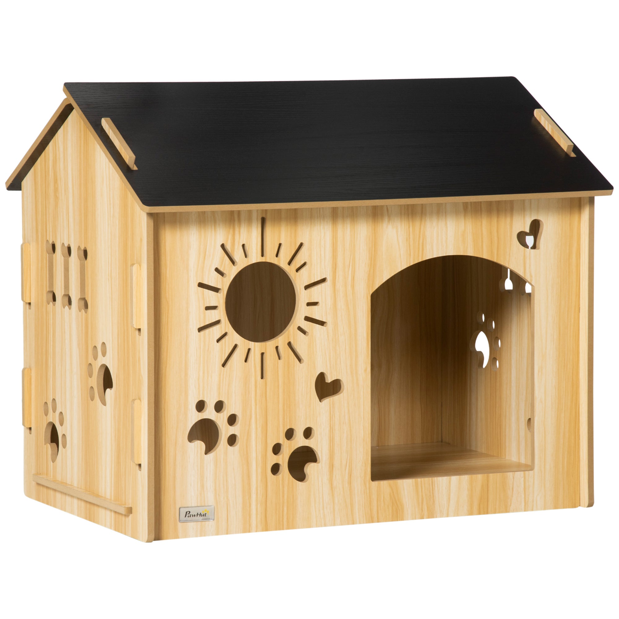 PawHut Hundehütte, mit Lüftungsöffnungen, wetterfest, Holzmaterial, Schwarz+Holzfarbe, 69 x 50 x 58,5 cm