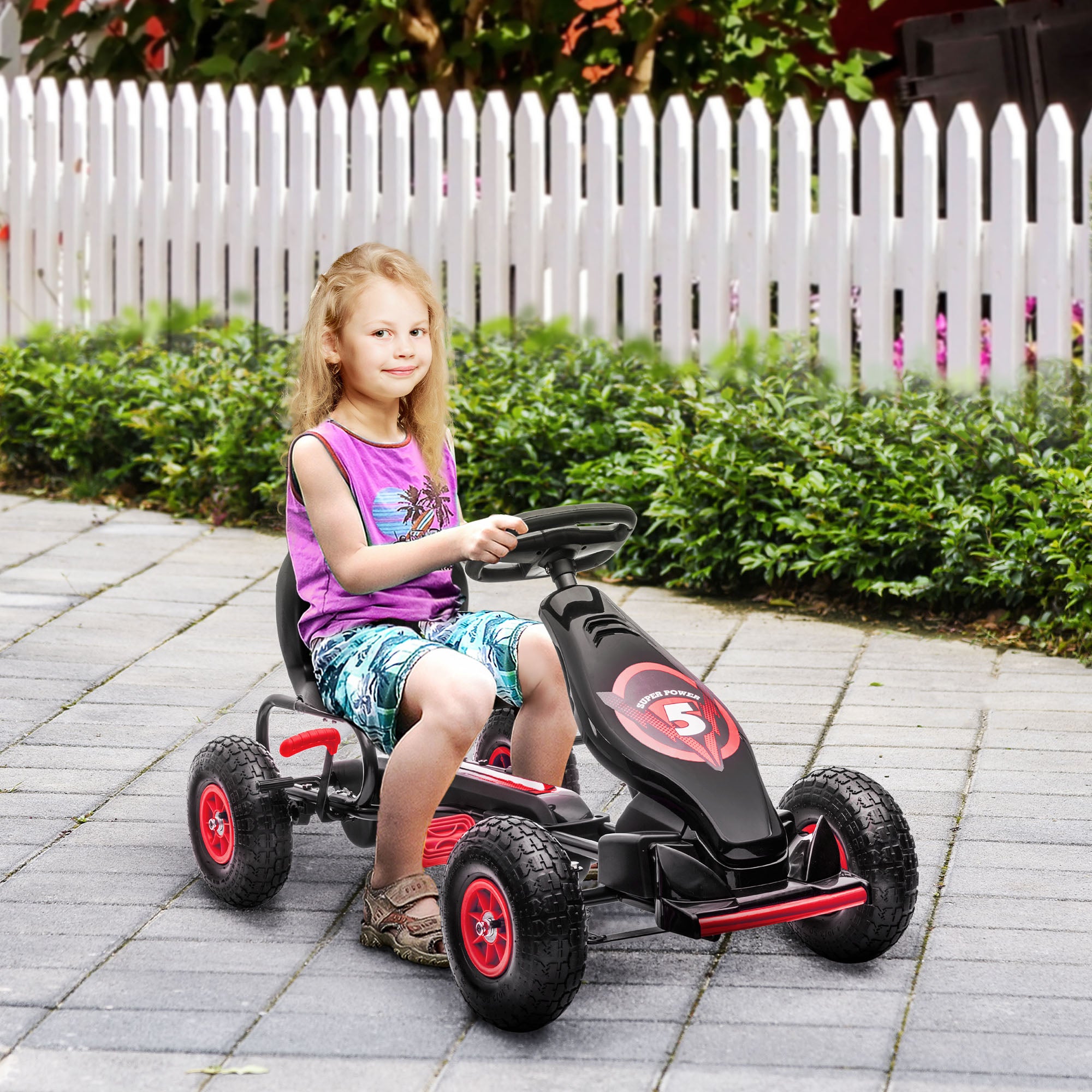 HOMCOM Kinder-Gokart, mit Pedalen, verstellbarem Sitz, In- und Outdoor, ab 5 Jahren, Rot+schwarz, 121 x 58 x 61 cm
