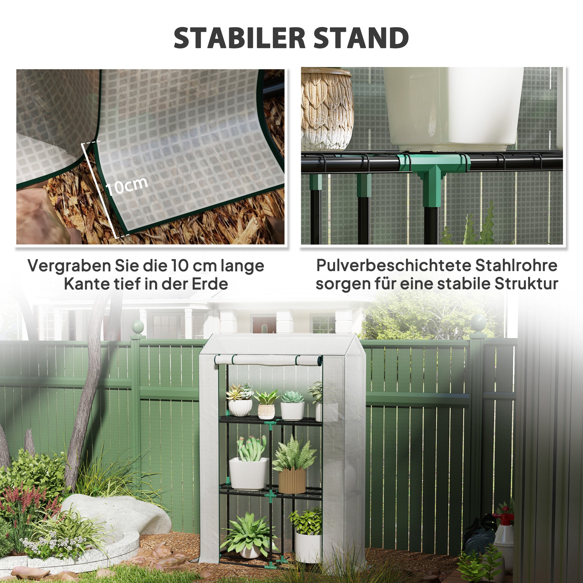 Outsunny Gewächshaus mit 3-Stufen-Regal, UV-beständige Kunststoffabdeckung, Rolltür, 100 x 40 x 150 cm, Weiß