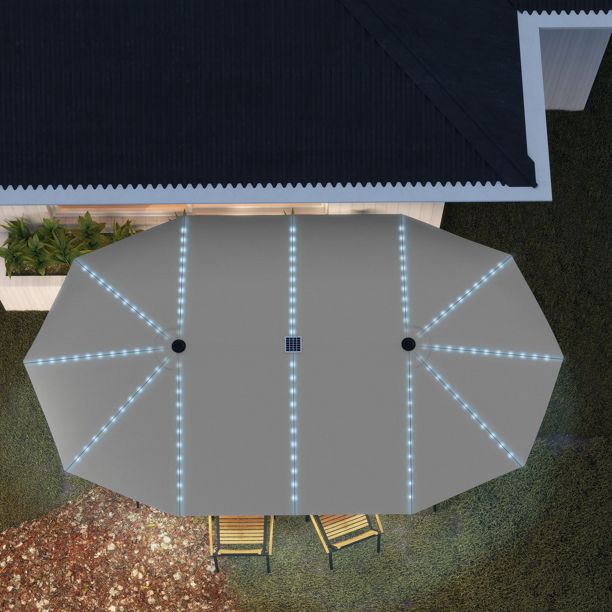 Outsunny Doppelschirm mit Solar-Lichtern, Aluminium, Polyester, UPF50+ Schutz, UV-beständig, Terrassenschirm, Dunkelgrau