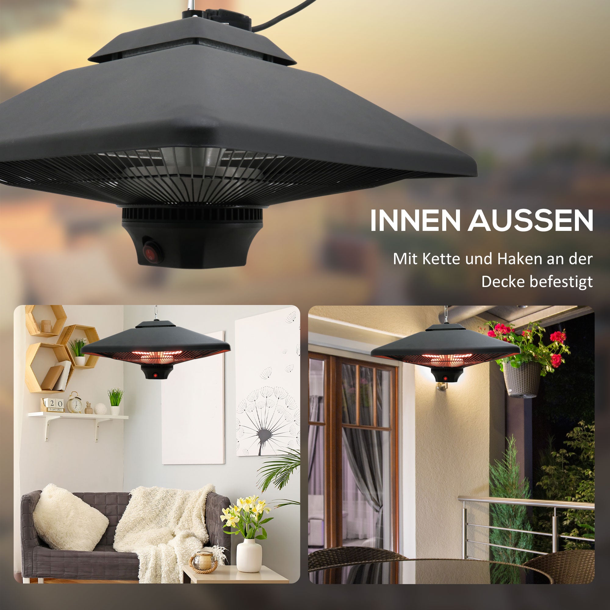 Outsunny Infrarotstrahler 2000 Watt Heizstrahler mit Fernbedienung 2 Heizstufen Schutzhülle LED-Anzeige elektrisch Wärmestrahler Quarzstrahler Terrassenheizer Infrarotheizung Schwarz