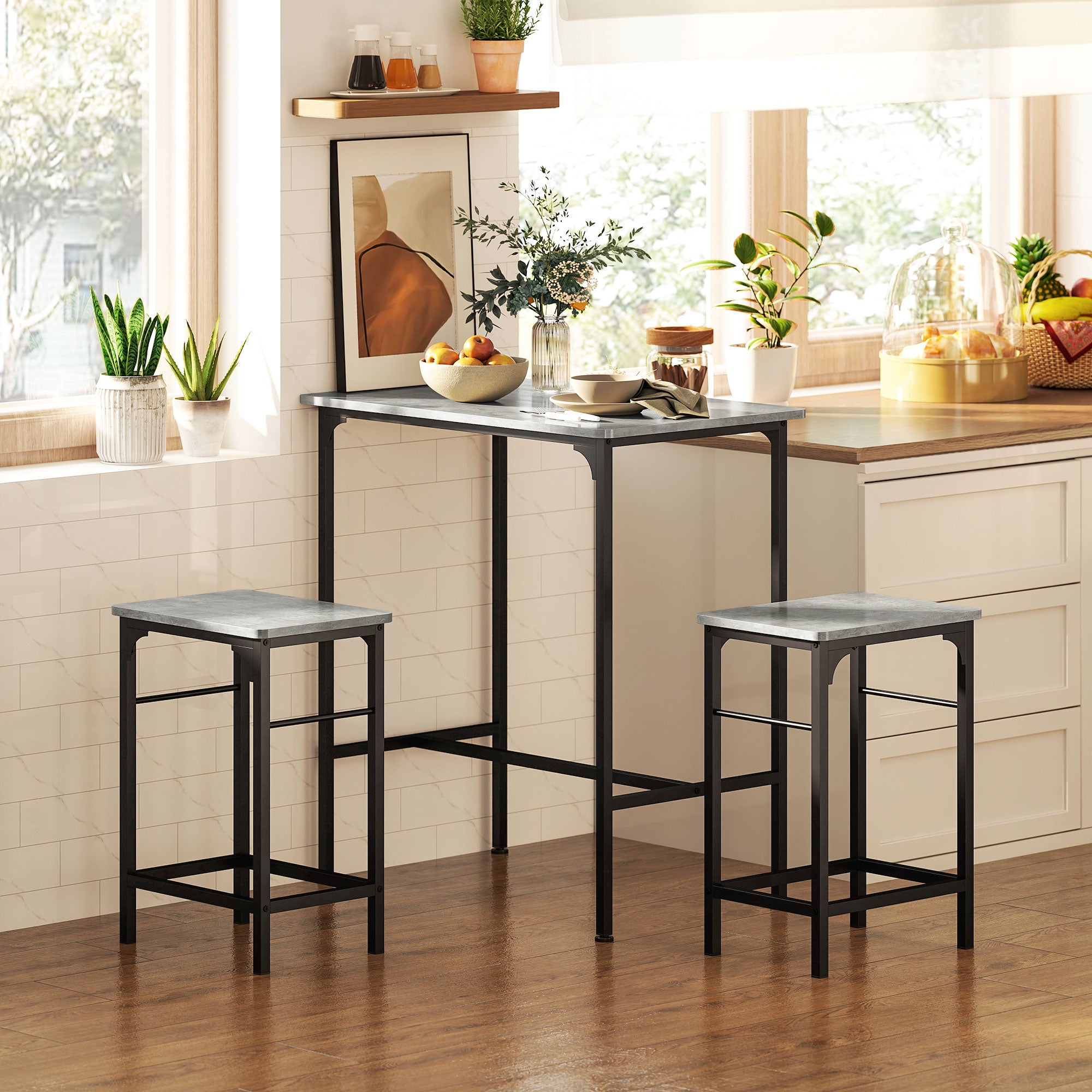 HOMCOM Bartisch Set Bartisch mit Barhocker-Set Esstisch mit 2 Stühlen mit Rutschfestem Fußpolster Grau