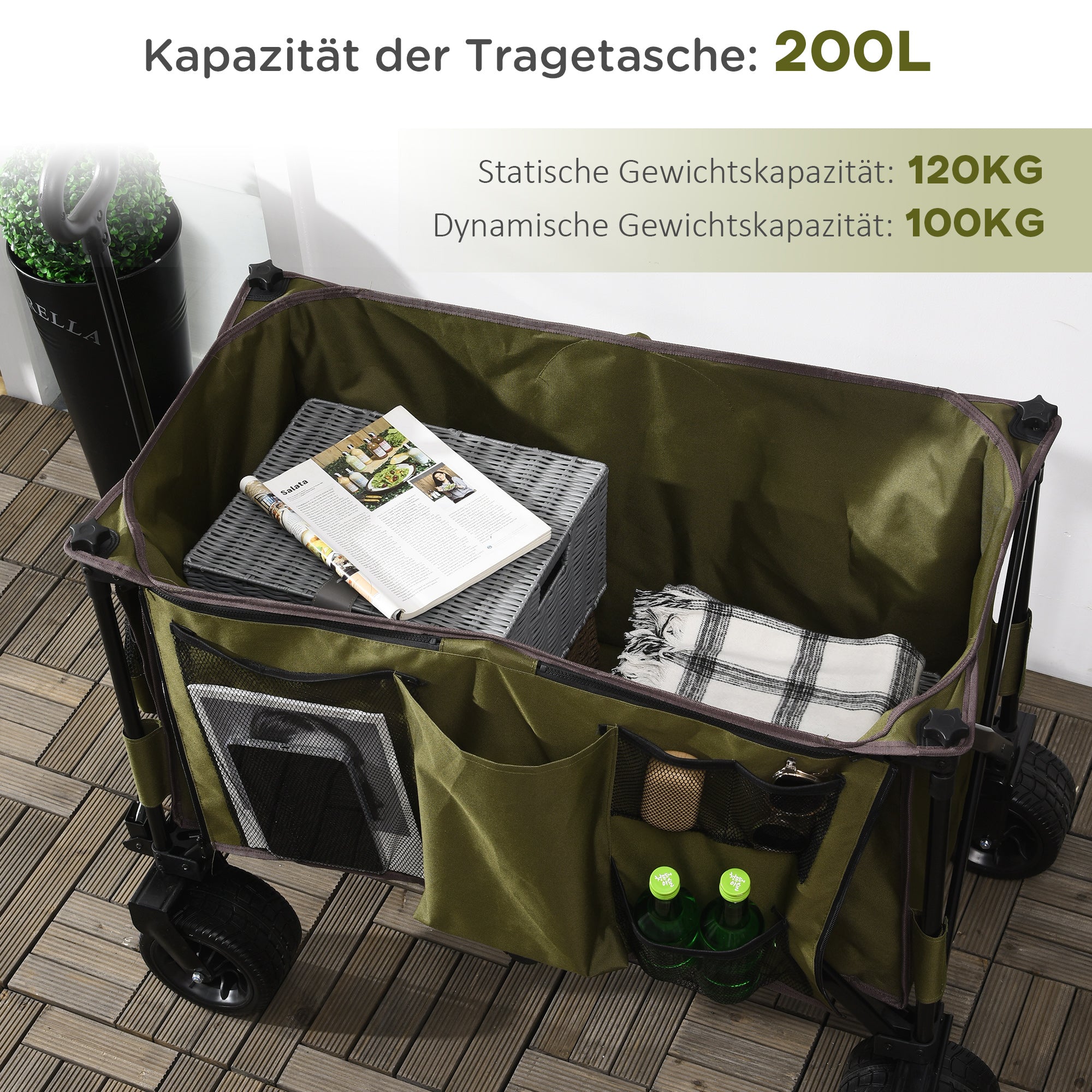 Outsunny Bollerwagen, klappbar, 7 Seitentaschen, verstellbarer Griff, bis 120 kg, Stahl, grün, 100 x 48 x 100,5 cm