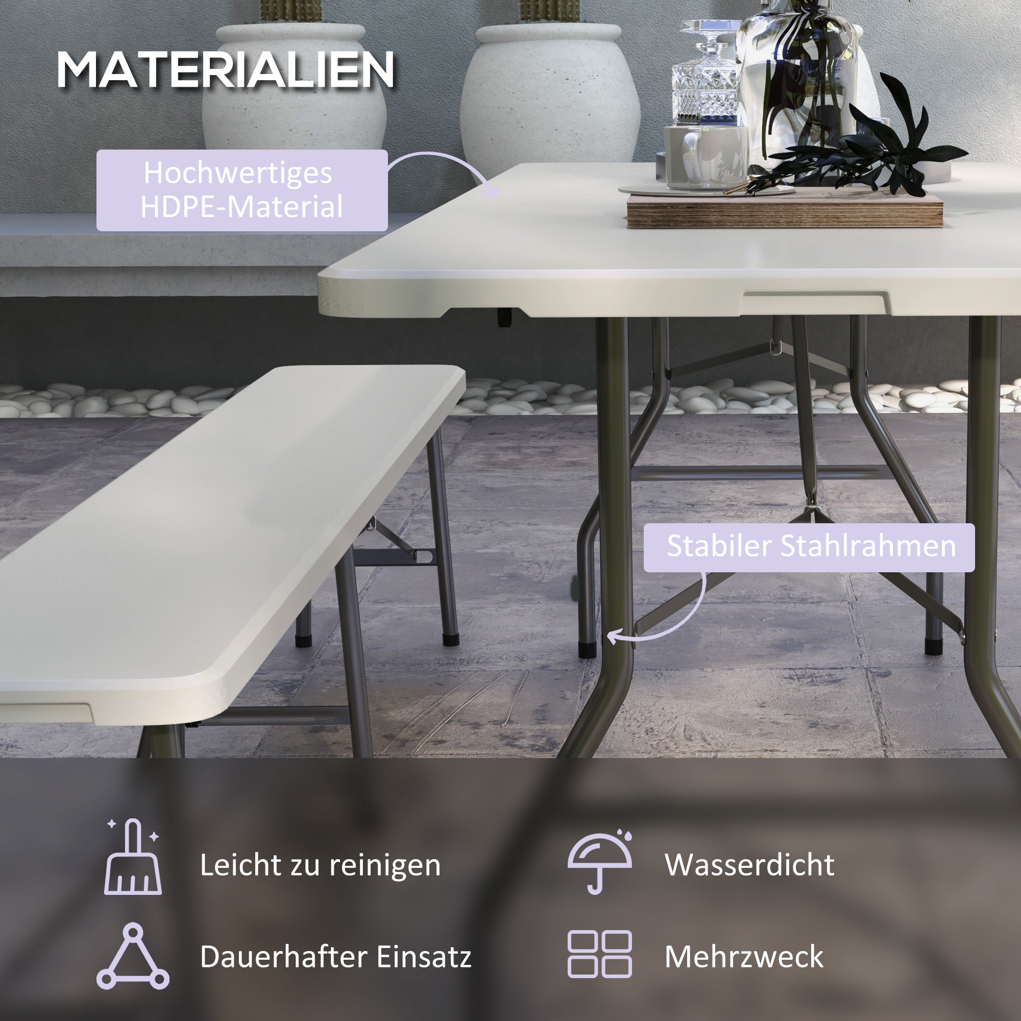 Outsunny Bierzeltgarnitur für 6 Personen, 3-teilig, klappbar, Leichtbau, wetterfest, Stahlrahmen, Weiß