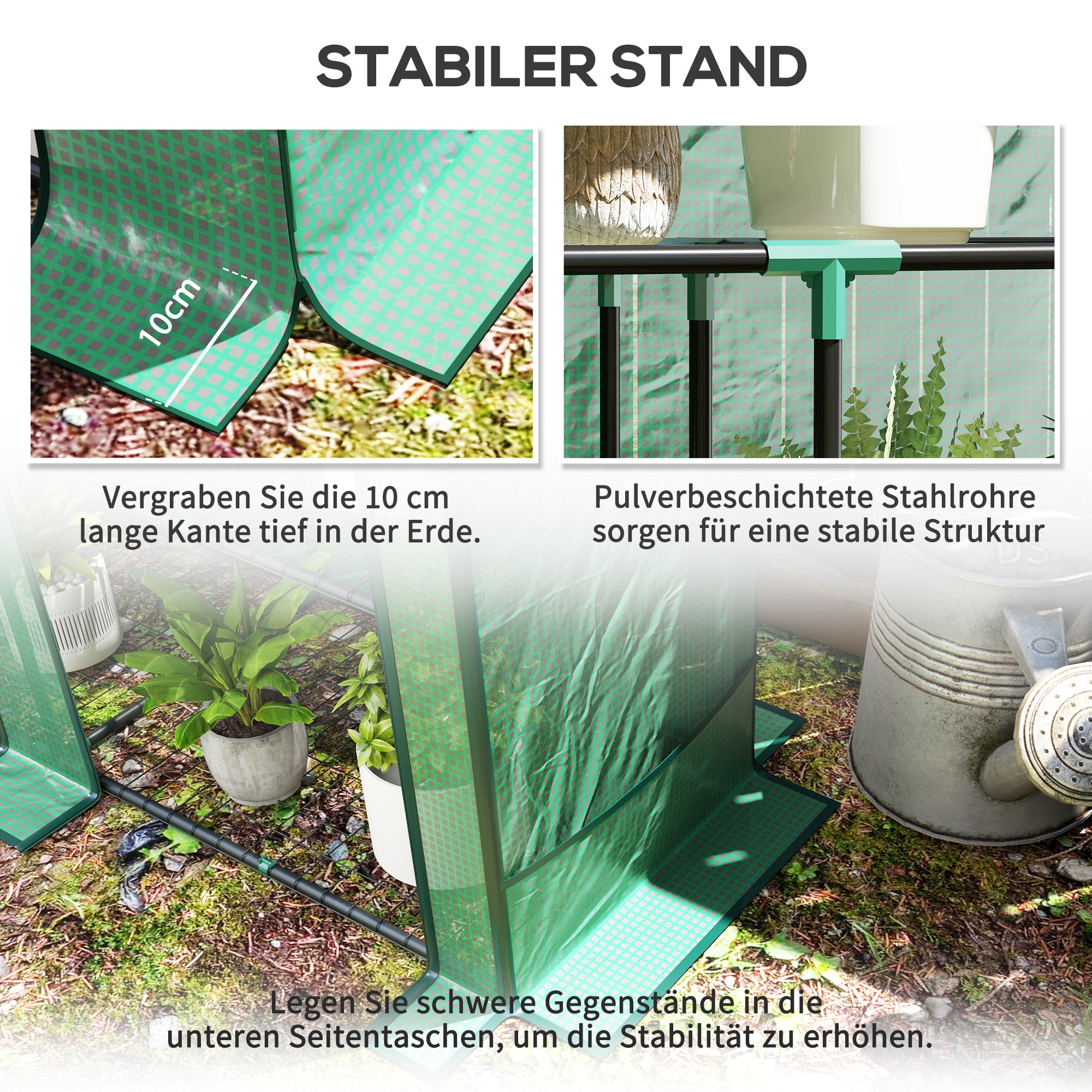 Outsunny Mini-Gewächshaus mit 3-Ebenen-Regal, Kunststoff-Abdeckung, UV-beständig, tragbar, Rolltür, 144 x 48 x 152 cm, Grün