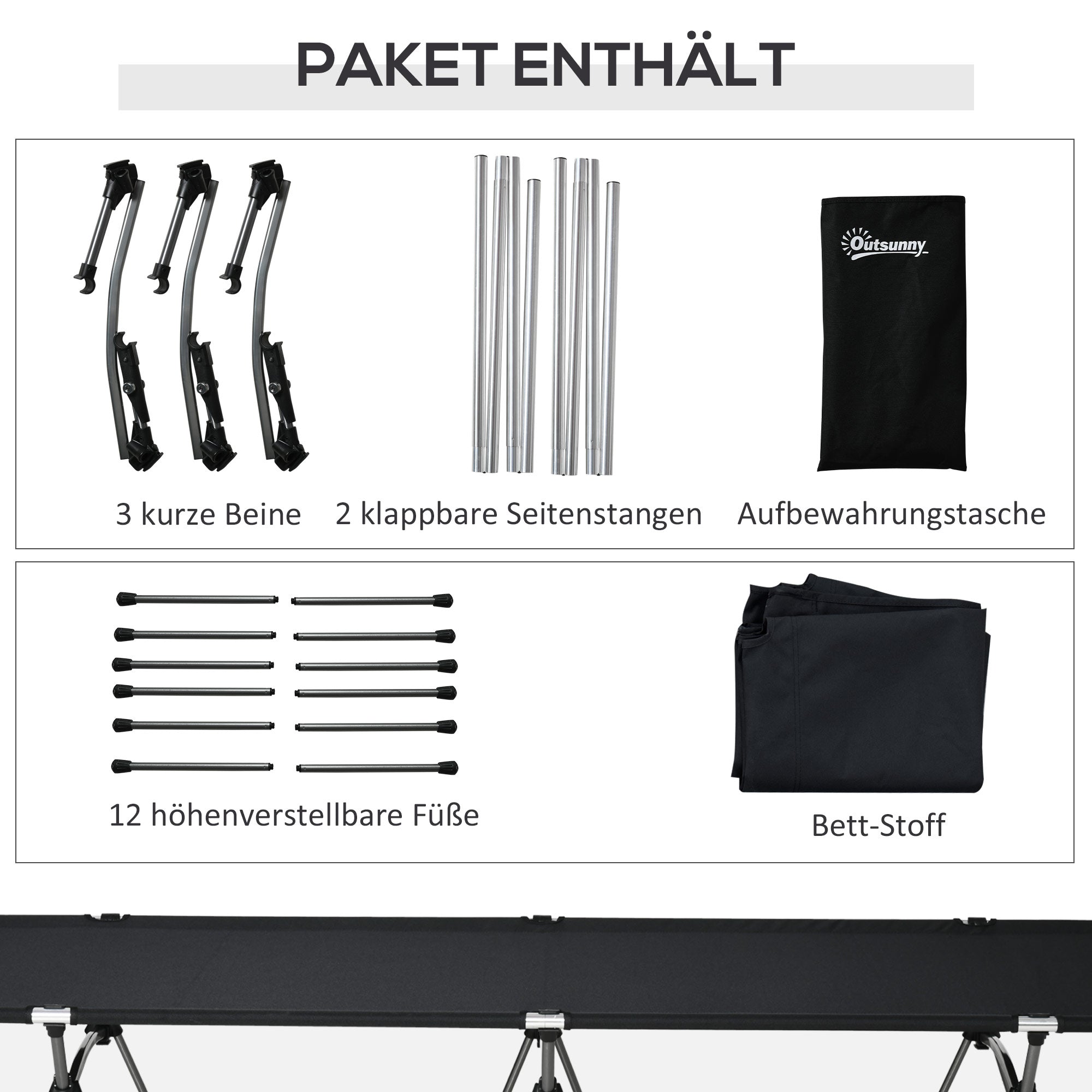 Outsunny Campingbett Klappbar Aluminium Feldbett Klappbett mit Tragetasche höhenverstellbar bis 150 kg belastbar Oxford Schwarz 190 x 65 x 38 cm