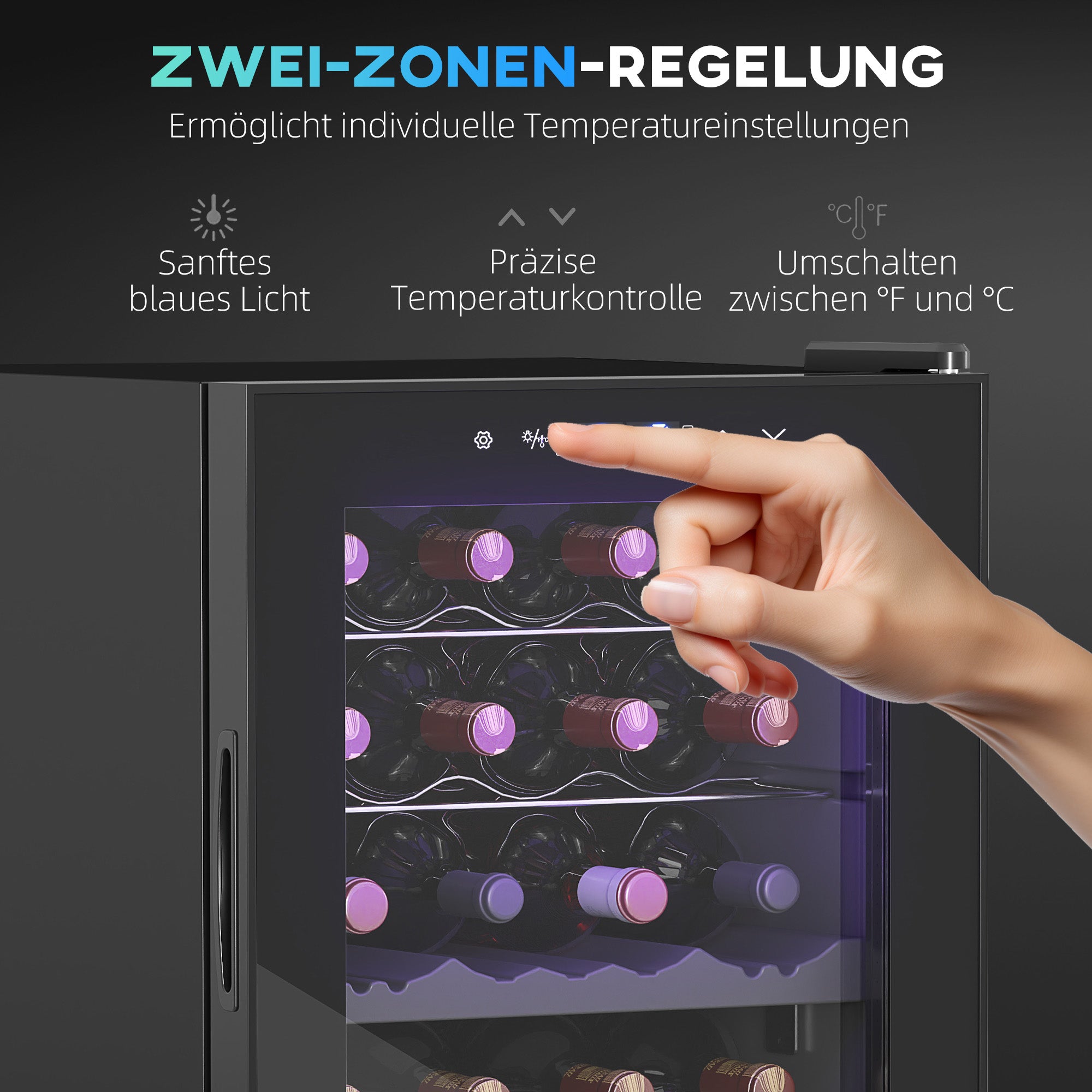 HOMCOM Kleiner Weinkühlschrank, Mini-Kühlschrank für 28 Flaschen, 74 Liter Kapazität, Glastür, LED-Beleuchtung, Touch-Screen