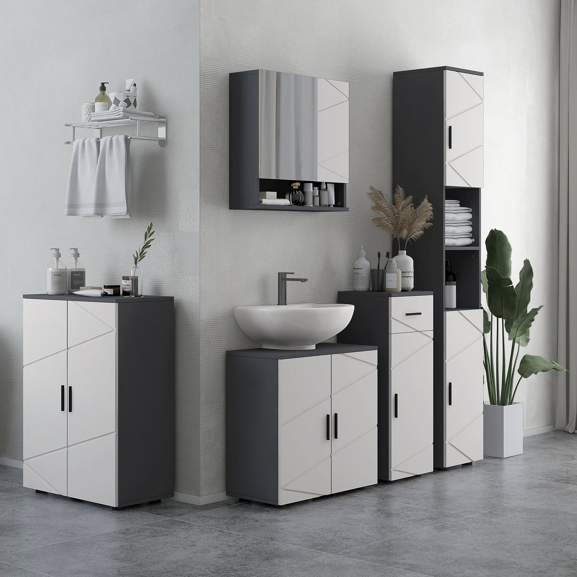 kleankin Badezimmerschrank, Badkommode, verstellbare Regale, bis zu 25 kg belastbar, Grau