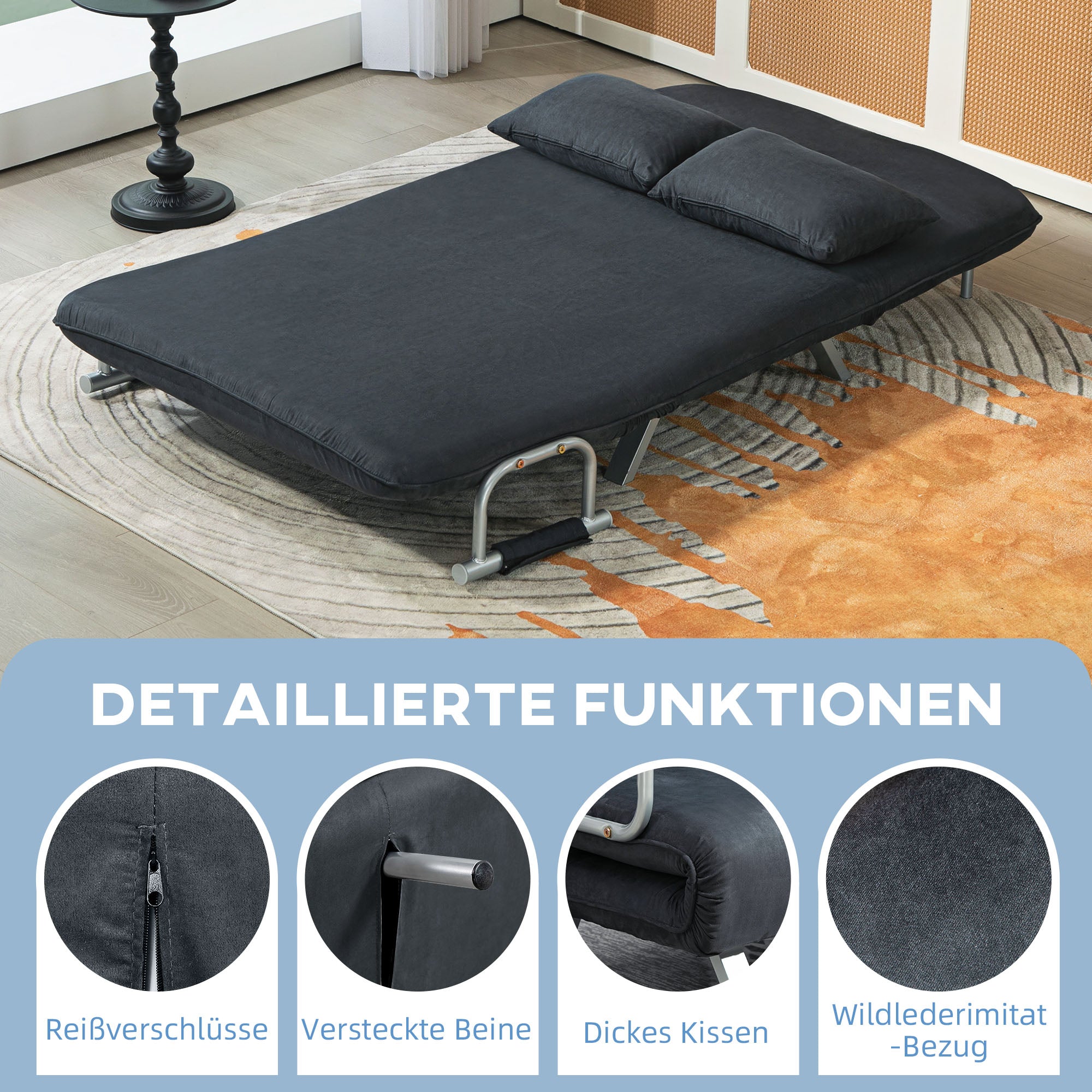 HOMCOM Schlafsofa, 5-fach verstellbar, Wildlederimitat, Stahlrahmen, inkl. Kissen, Schwarz