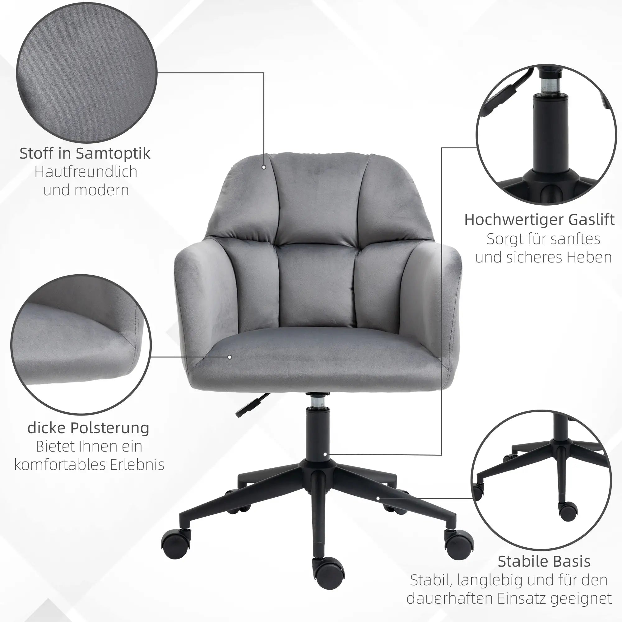 Vinsetto Bürostuhl, 5 Rollen, höhenverstelbar, modernes Design, 58 cm x 58,5 cm x 86 cm, Grau