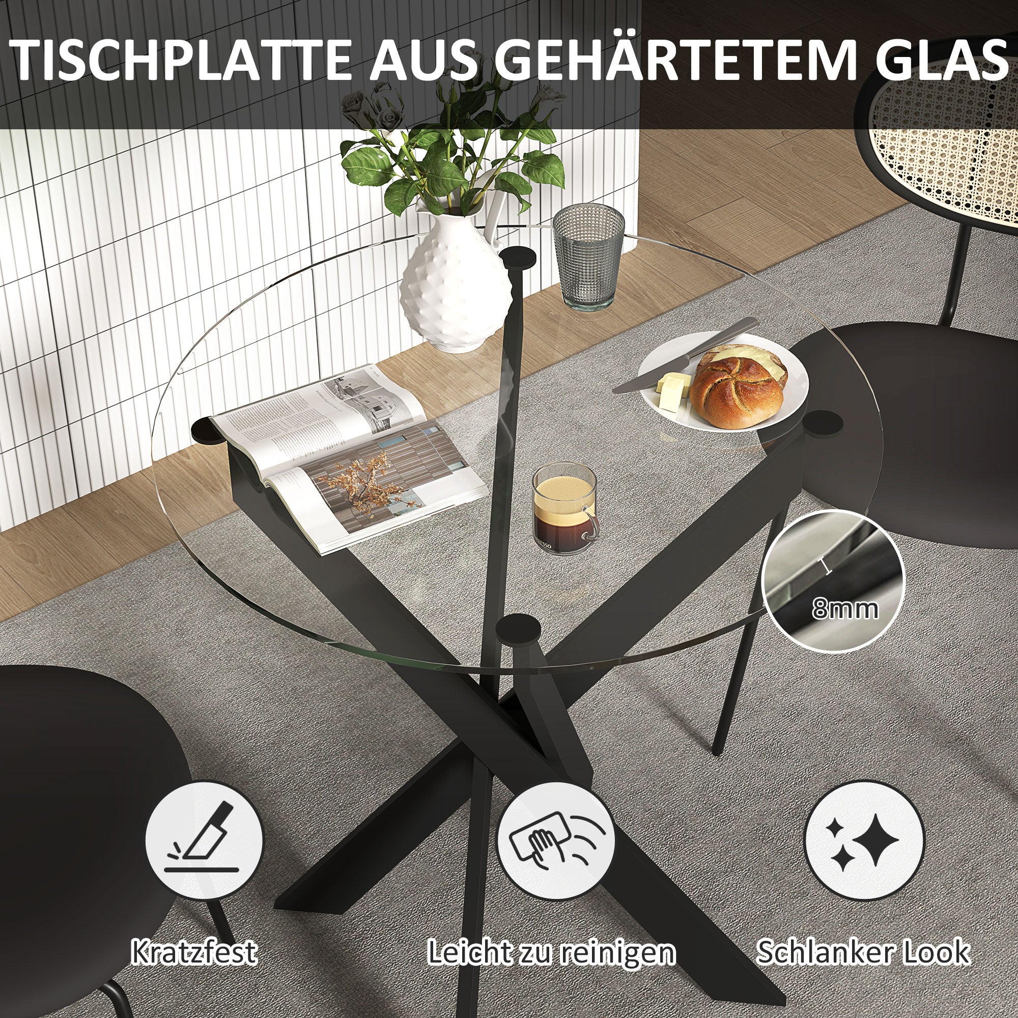 HOMCOM Moderner Glas-Esstisch, 70 cm Durchmesser, Küchentisch mit gehärteter Glasplatte und Metallbeinen, für 4 Personen
