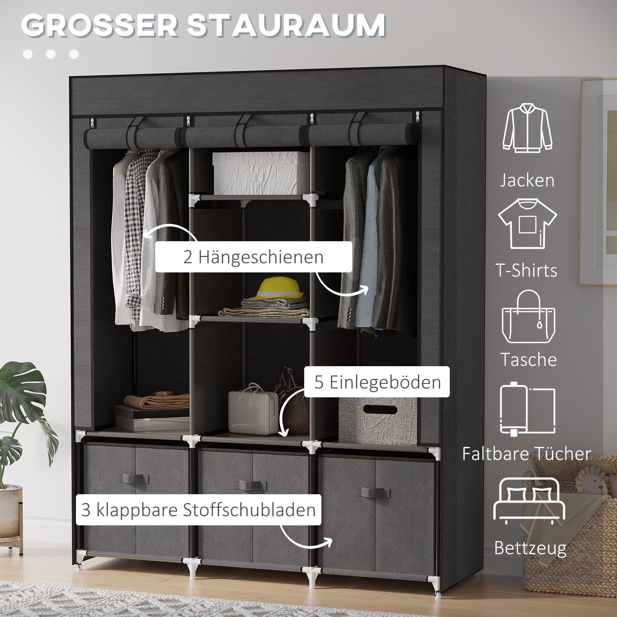HOMCOM Stoffschrank aus Vlies, Faltschrank, inkl. 3 Schubladen, 125 cm x 43 cm x 162,5 cm, Grau