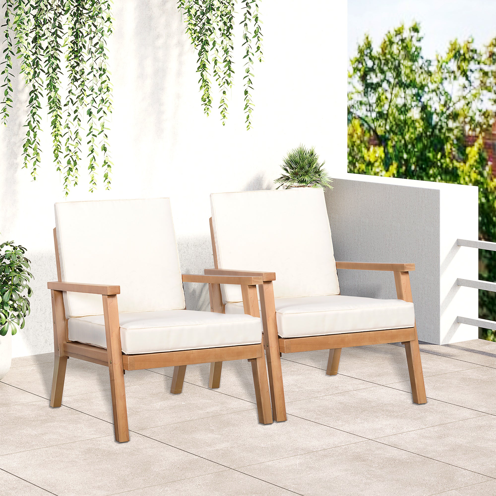 Outsunny 2er-Set Gartenstühle mit Kissen Gartensessel Set Gartenstuhl aus Pappelholz Gartenmöbel Holzstuhl Balkonstuhl Terrassenstuhl Braun+Beige 66 x 77,5 x 74,5 cm