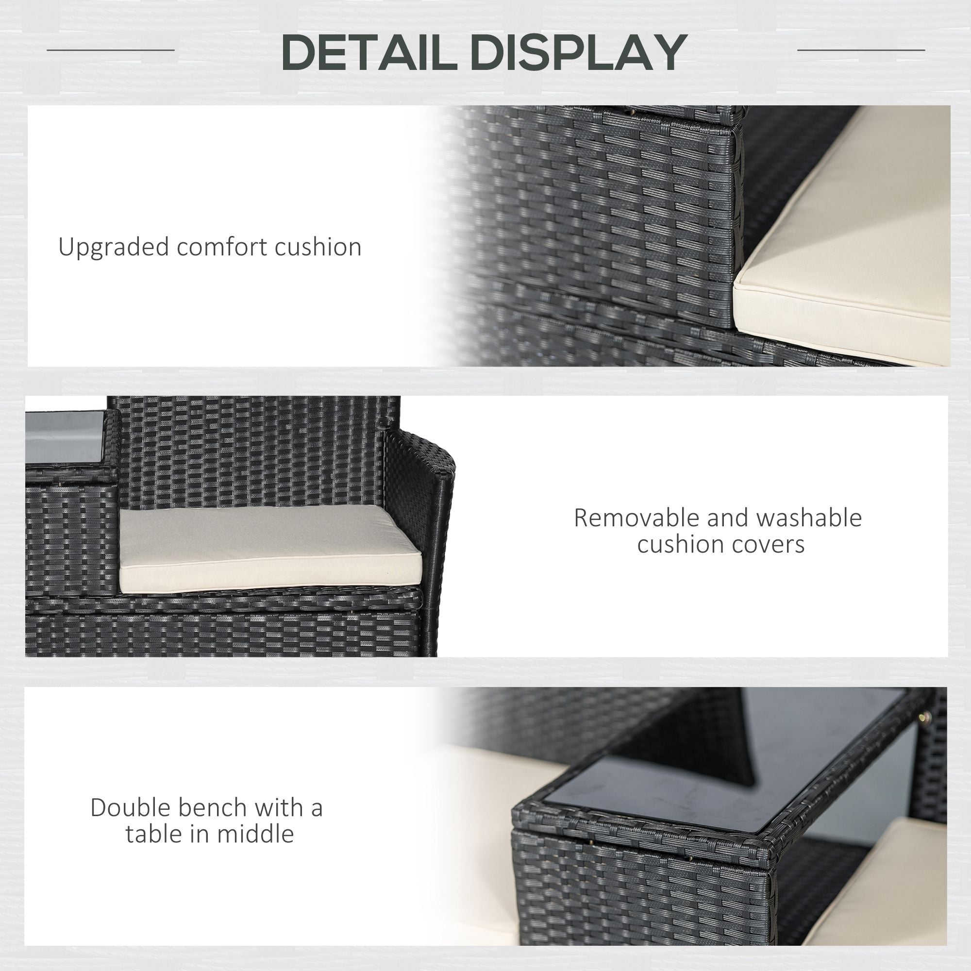 Outsunny Gartenbank Polyrattan 2-Sitzer UV-beständig Sitzbank mit Tisch Kissen Rückenlehne Gartenmöbel Parkbank bis 240kg belastbar Balkonbank für Garten Terrasse Balkon 133x63x84cm, Schwarz