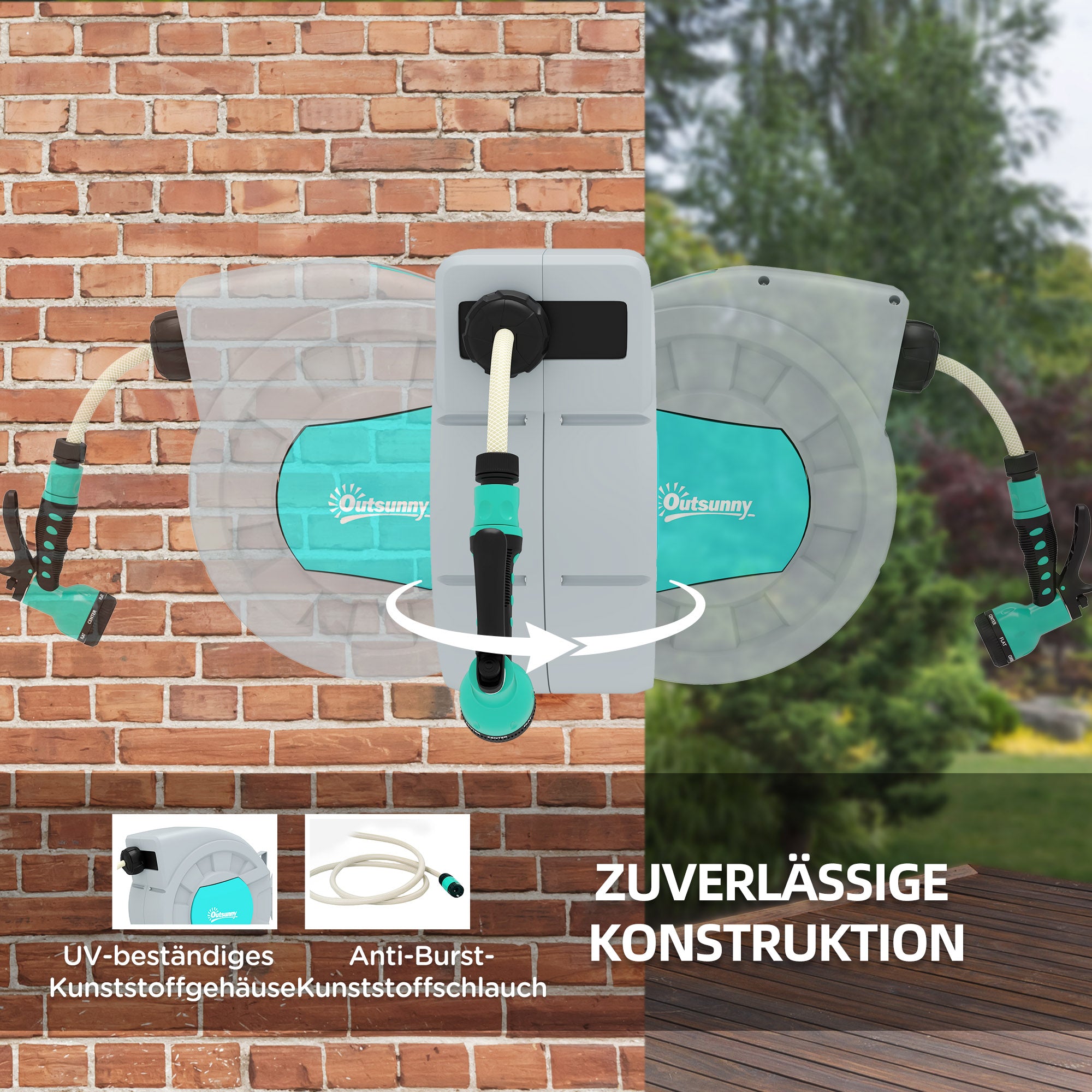 Outsunny Gartenschlauchhalter, 20+2 Meter Gartenschlauch in robustem Gehäuse, Wandhalterung, 7 Sprühmuster, 180° drehbar, Grau