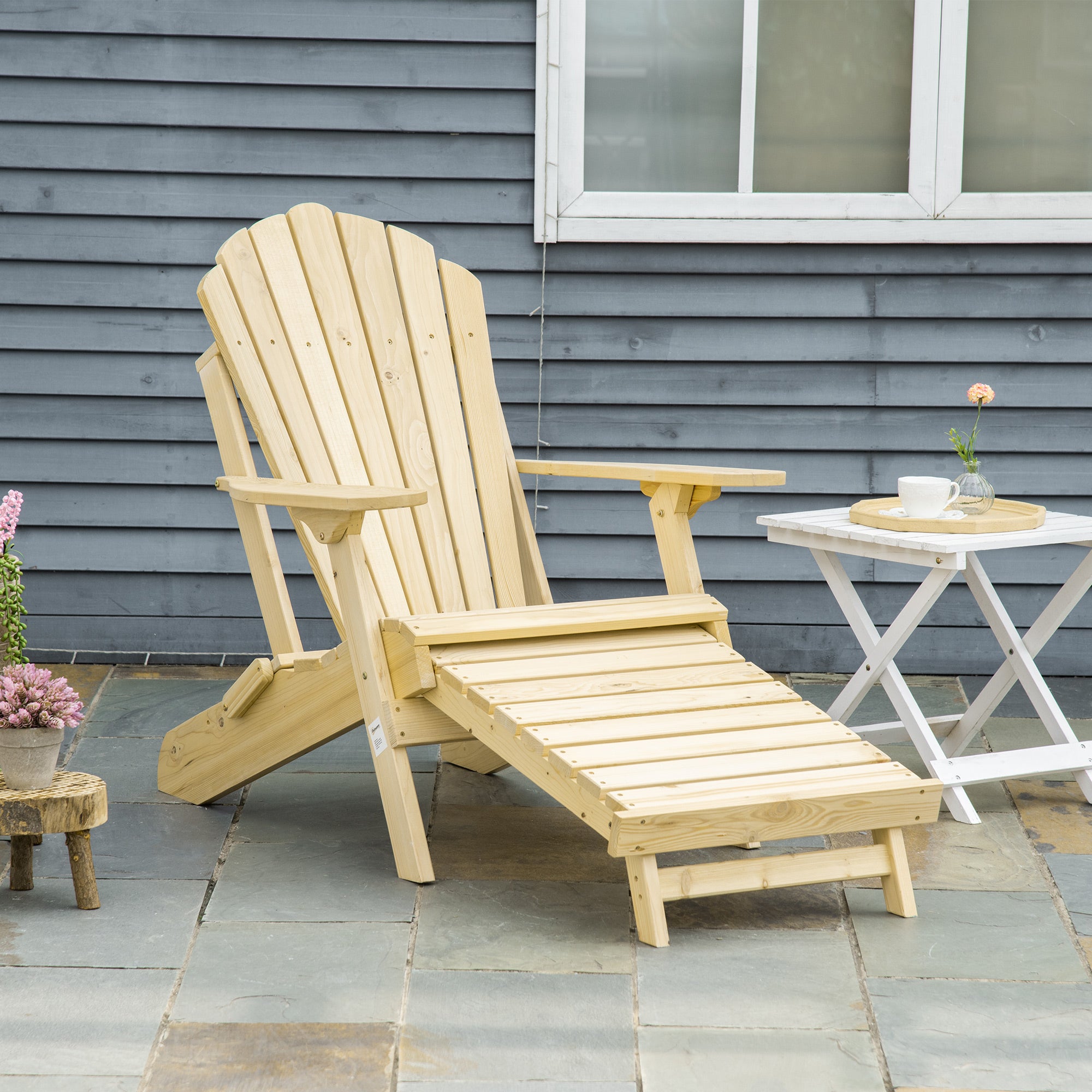Outsunny Adirondack Stuhl Klappbar Adirondack Chair aus Holz Outdoor Gartenstuhl mit Fußstütze Hoher Rücken- und Armlehnen Balkonstuhl Gartensessel für Garten, Balkon 78 x 140 x 94cm Natur