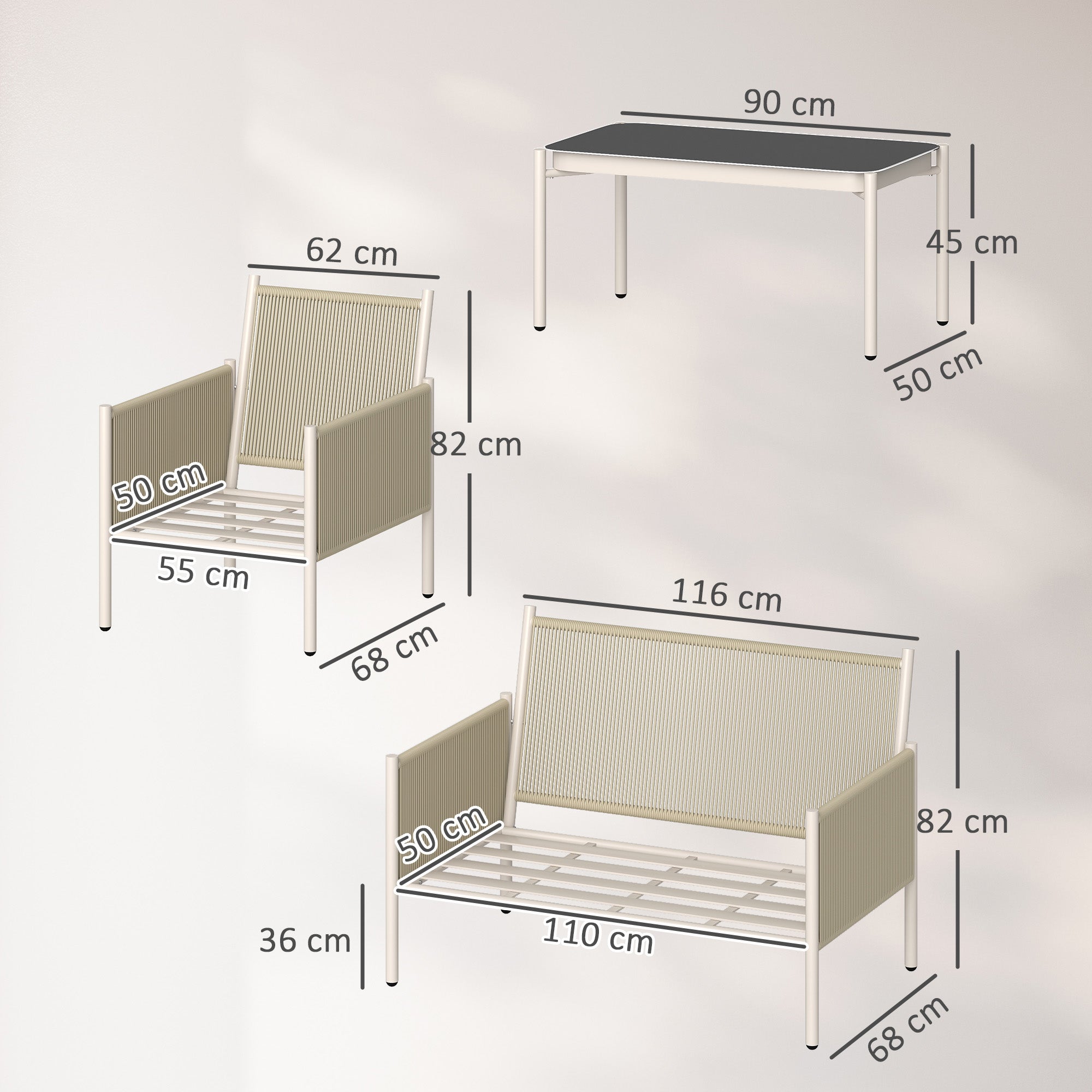 Outsunny Gartenmöbel Set aus Polyrattan Lounge-Set mit 2er Sofa Sessel Glastisch Kissen 4 Personen Braun+Grau