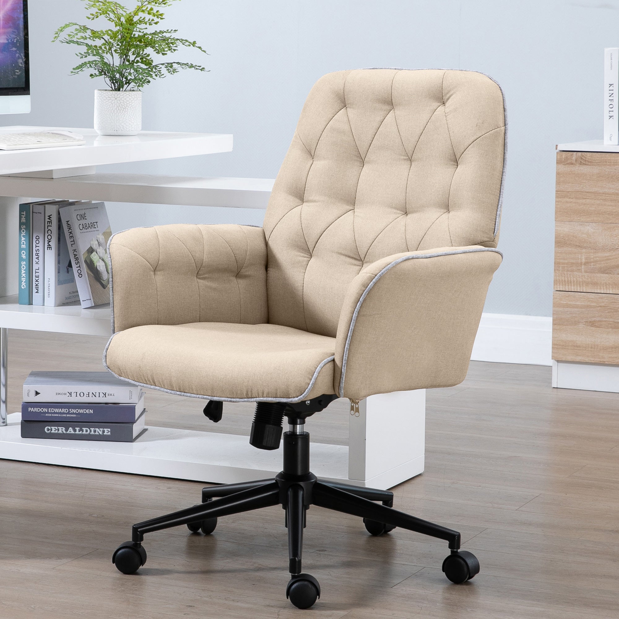 Vinsetto Bürostuhl mit Wippfunktion Drehstuhl Home-Office-Stuhl höhenverstellbarer Schreibtischstuhl Computerstuhl Arbeitsstuhl mit Armen 360°-Drehräder Schaumstoff Beige 66 x 69 x 89,5-97 cm