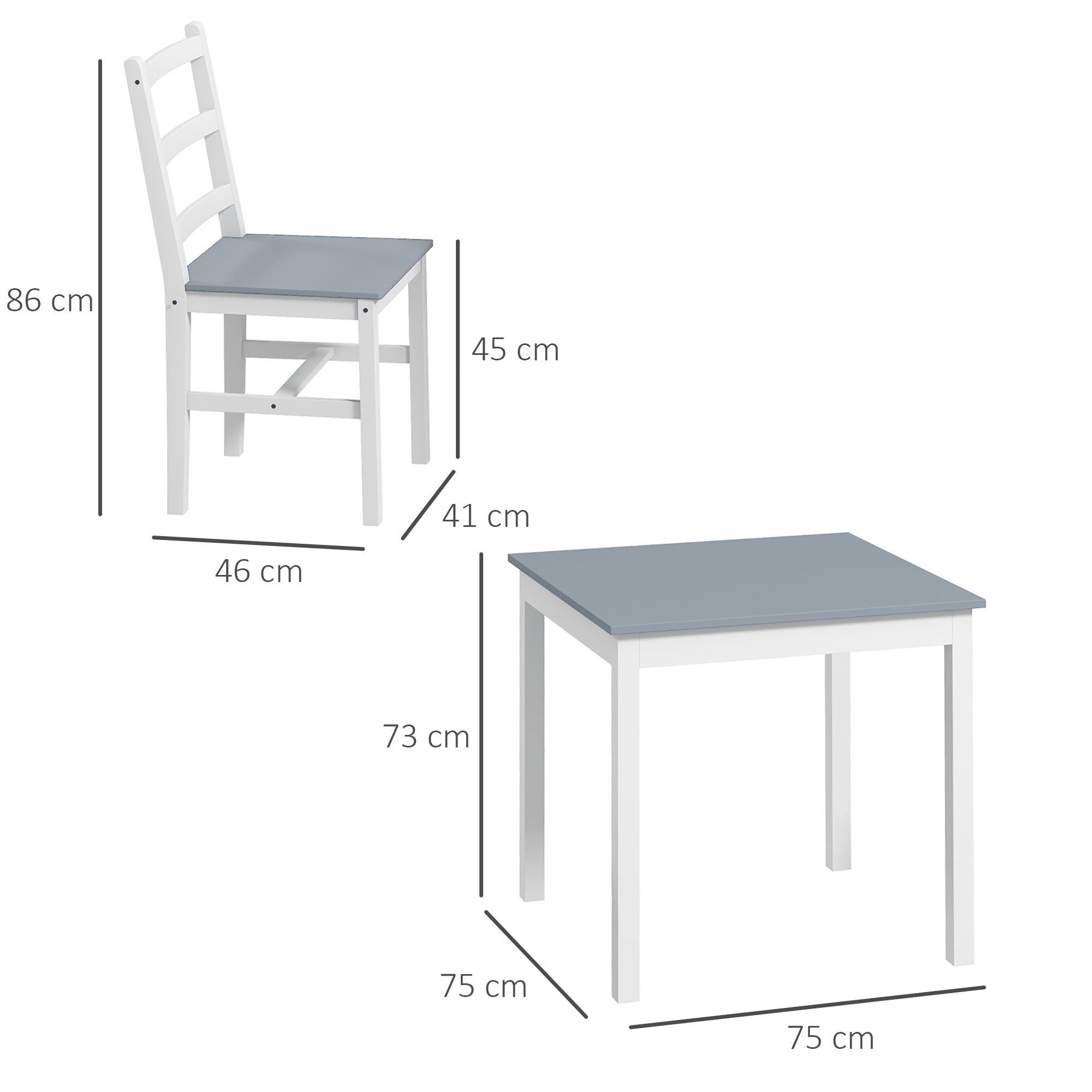 HOMCOM Essgruppe für 2 Personen, 2 Stühle, 1 Tisch, Kiefernholz, Weiß + Grau
