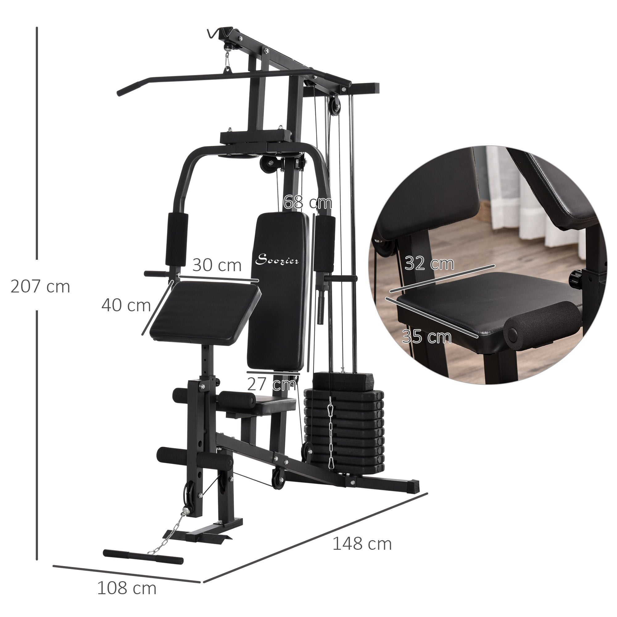 HOMCOM Kraftstation für Zuhause Fitnessstation mit Latzuggerät, Kabelzug, kurzer Bizepsstange, Brustpresse, Beintrainer, Butterfly-Maschine 45kg Gewichten Multifunktion Fitnessstation Schwarz
