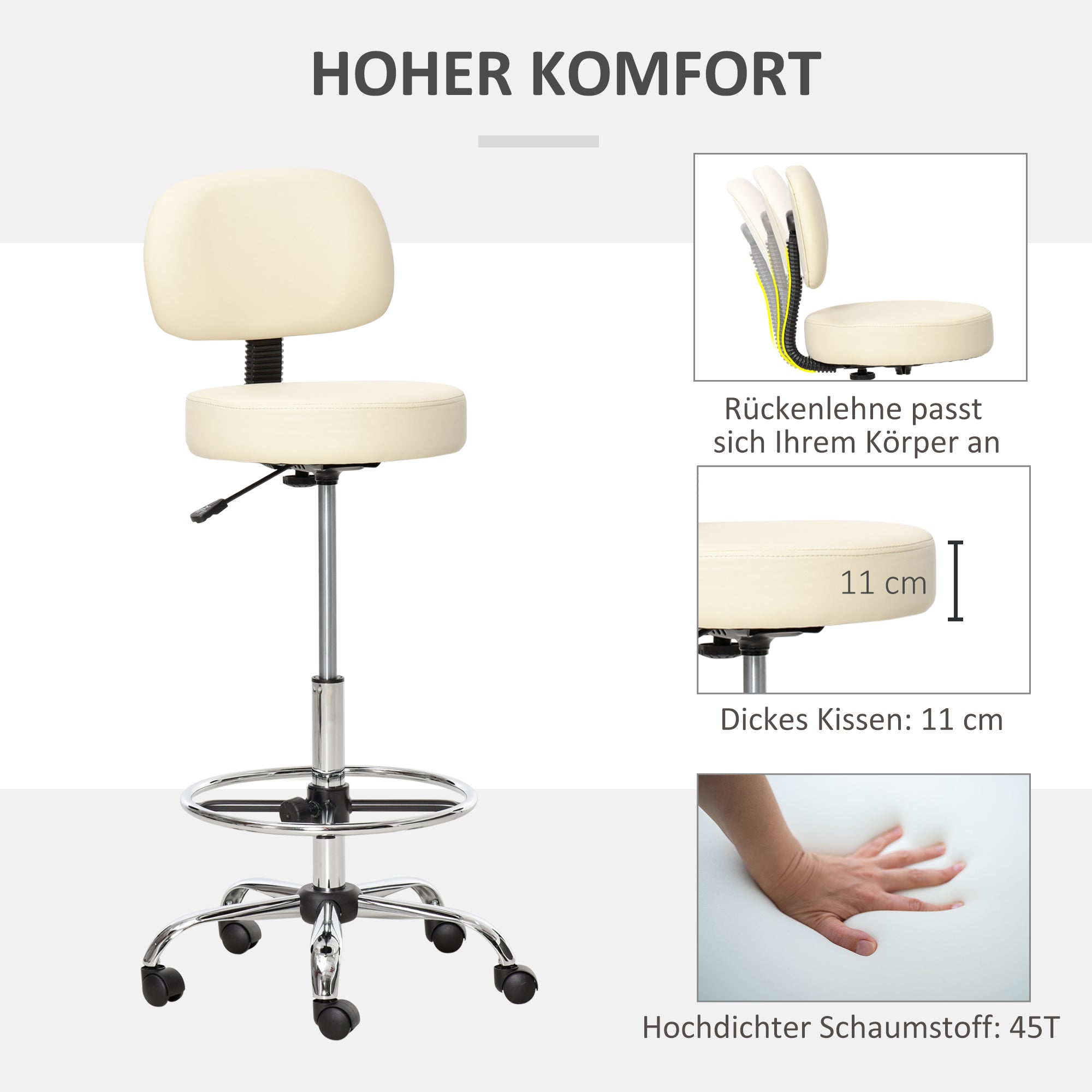 HOMCOM Barhocker Drehstuhl Höheverstellbarer Barstuhl mit Rollen aus Kunstleder-Leder Arbeitshocker Bürohocker 360° schwenkbar mit Lehne Gepolstertet Beige 56 x 57 x 104-127 cm