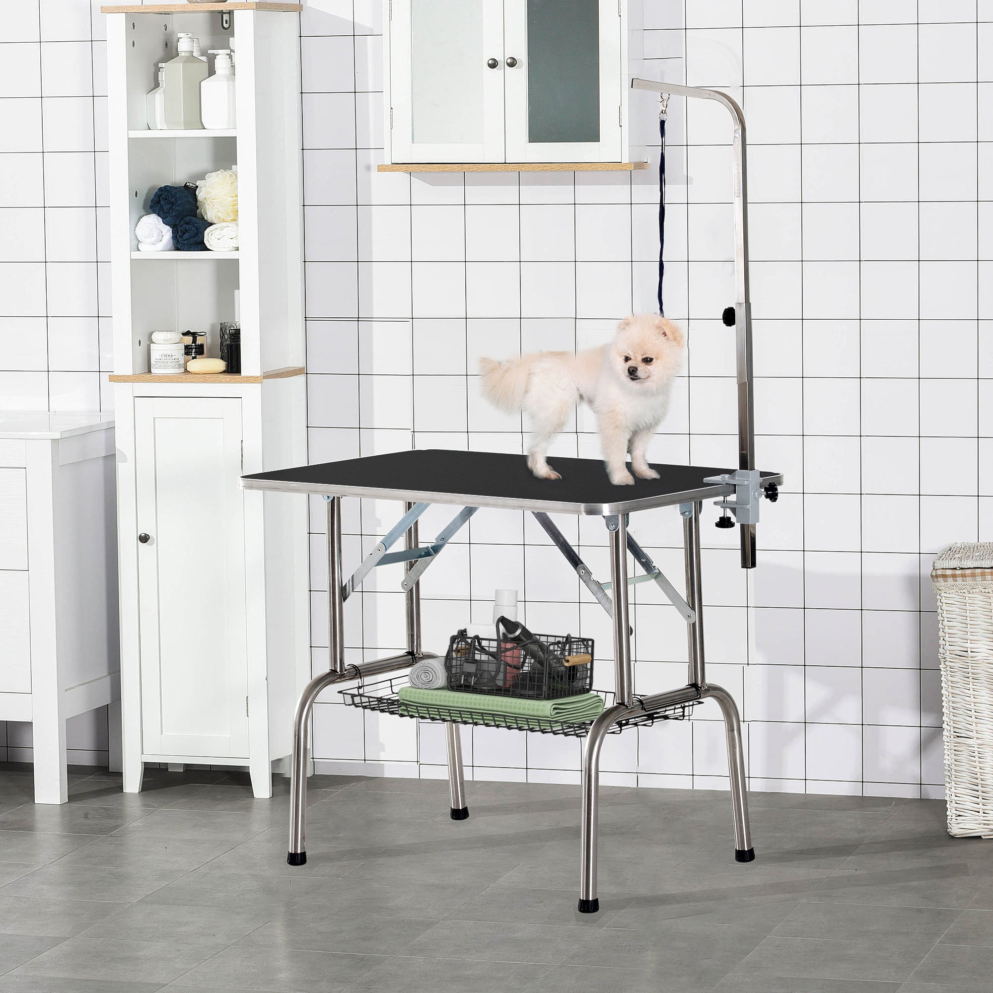 PawHut Trimmtisch Tierpflegetisch Schertisch mit Korb Hundepflegetisch klappbar Hundefriseurtisch Hunde Badetisch höhenverstellbar Edelstahl Schwarz