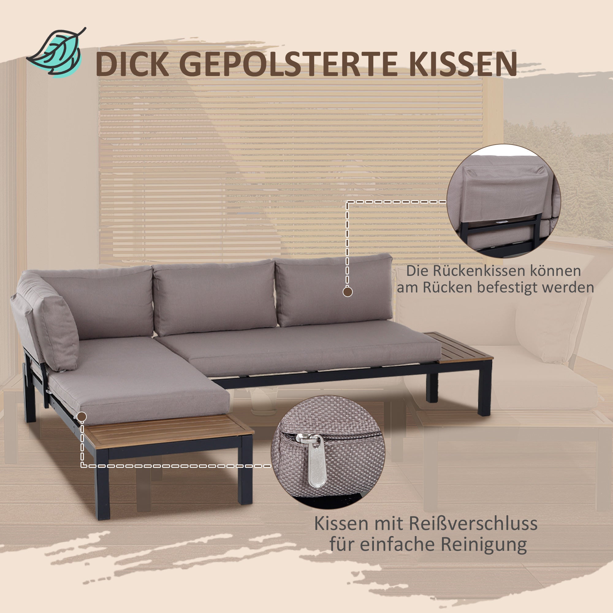 Outsunny Gartenmöbel-Set für 3 Personen mit Beistelltisch, Sofa mit Kissen, Outdoor, Aluminium, 164 x 74 x 69 cm