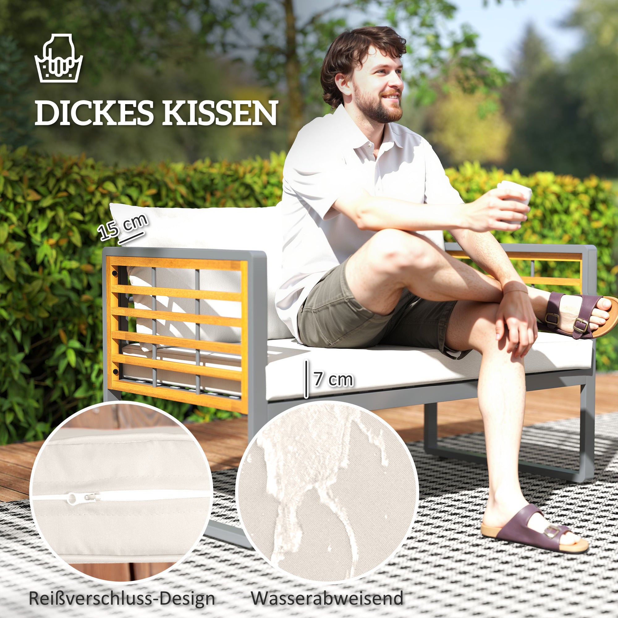 Outsunny 4-teiliges Gartenmöbel-Set, 2 Sessel, 1 Sofa, 1 Kaffeetisch, Sitzkissen, Akazienholz, Stahlgestell, Grau+Beige