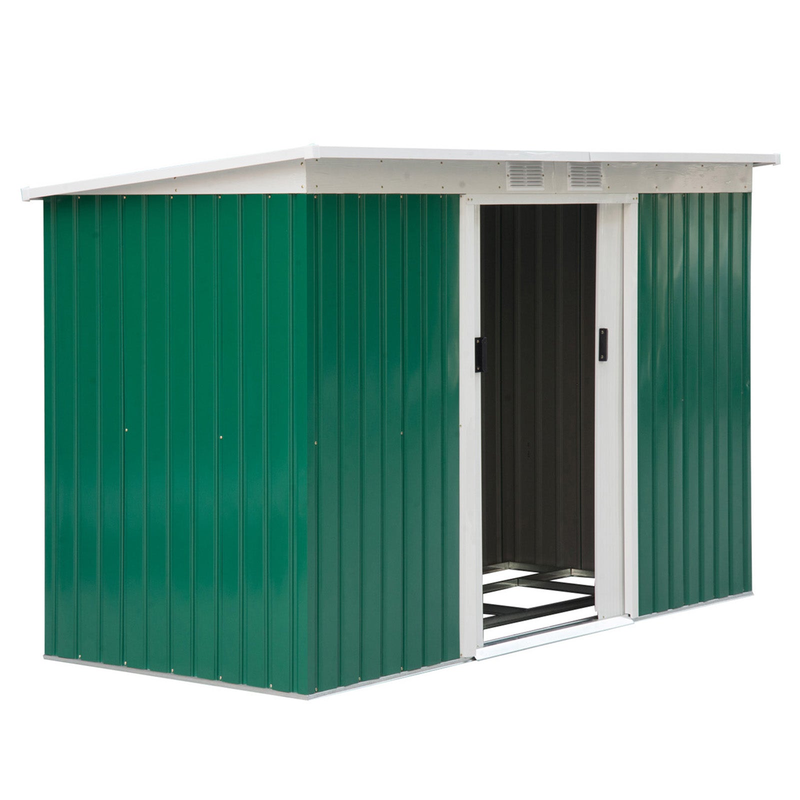 Outsunny Metall Gerätehaus 6,3m³ 280x130x172cm Geräteschuppen mit Pultdach Schiebetür wetterfest Gartenhaus Outdoor Garten Schuppen Schrank für Hinterhof Außenbereich Anthrazit, Dunkelgrün
