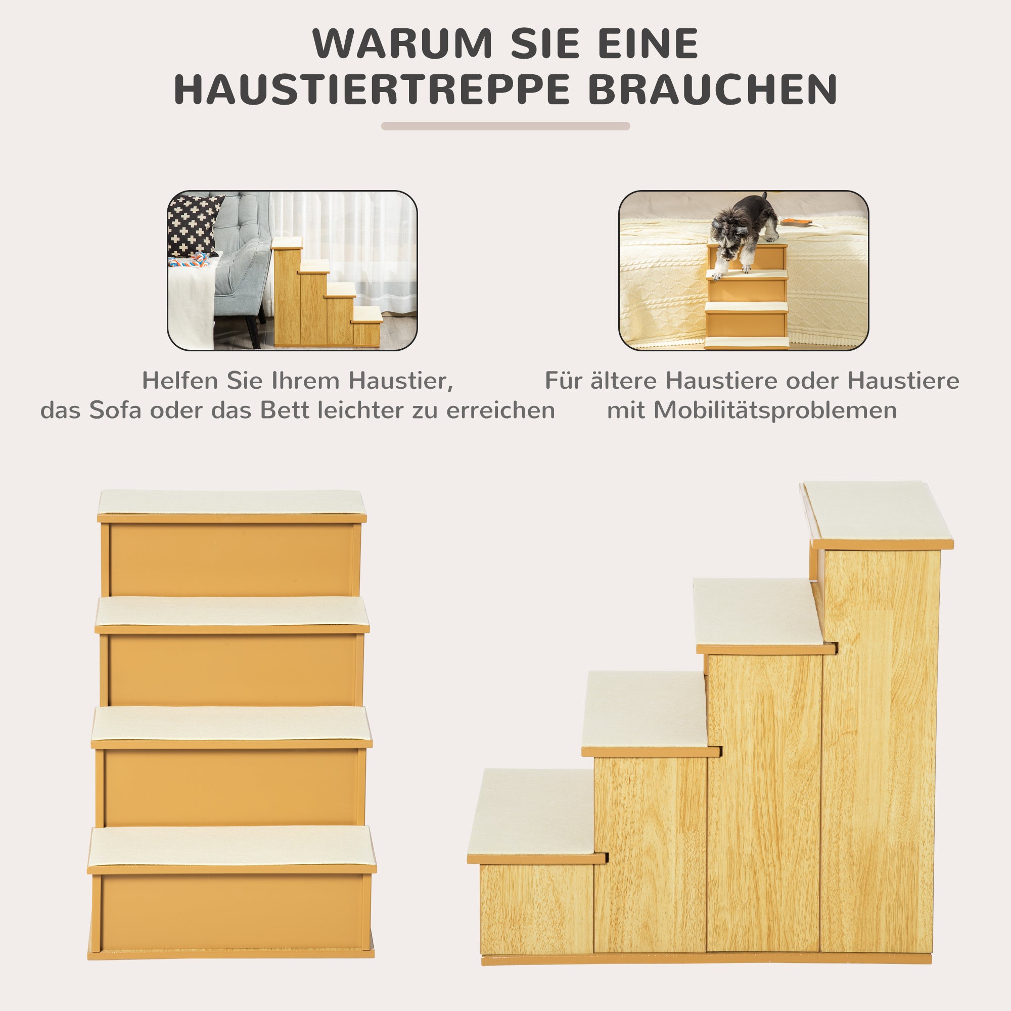 PawHut Haustiertreppe, für Hunde/Katzen, 4-stufig, Kurzplüsch, bis 30 kg, 40 x 59 x 54,2 cm, Natur