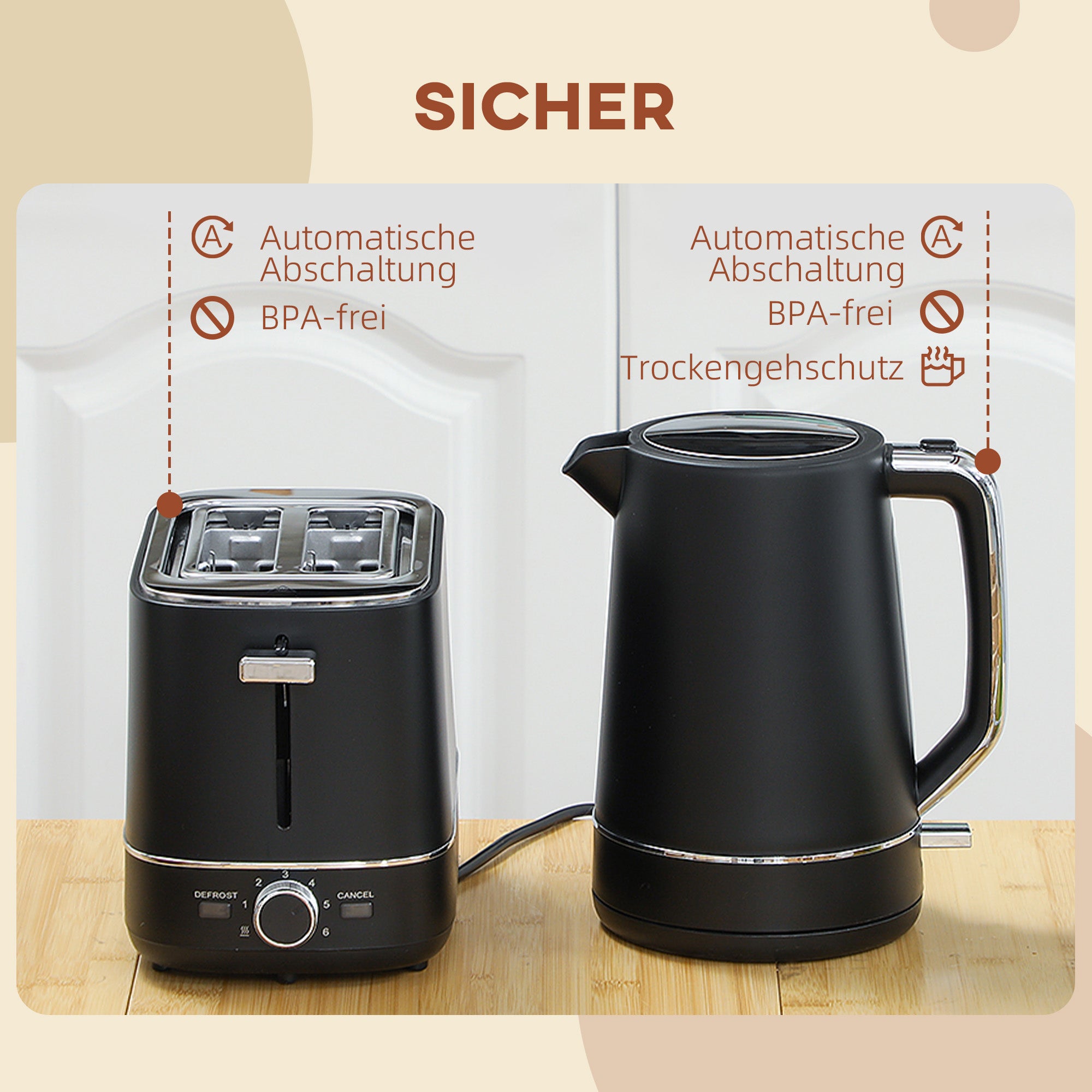 HOMCOM Set aus 1,7 L Wasserkocher und Toaster mit 6 Bräunungsstufen, Schwarz/Stahl