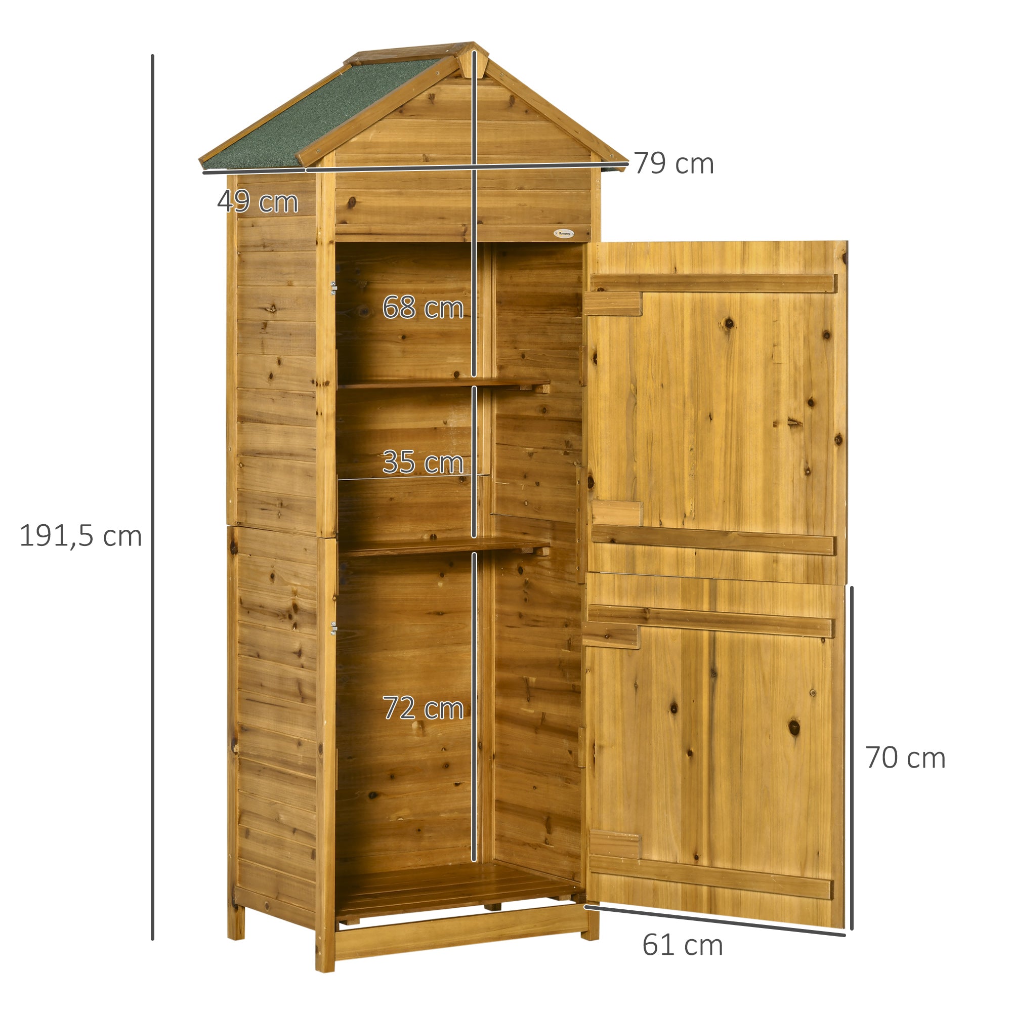 Outsunny Geräteschrank, Gartenschuppen, 2 Regale, 2 Türen, wetterfest, Naturholz, 79 x 49 x 190cm