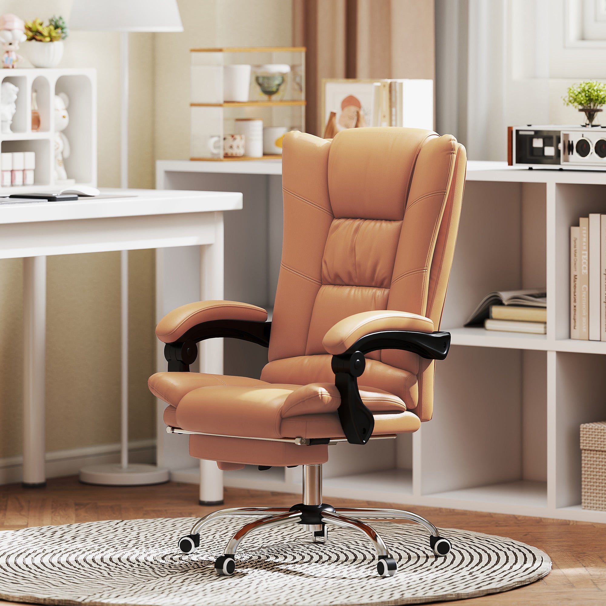 Vinsetto Massage-Bürostuhl, Schreibtischstuhl mit Heizfunktion, Drehstuhl, Liegefunktion, höhenverstellbarer PC-Stuhl, Hellbraun