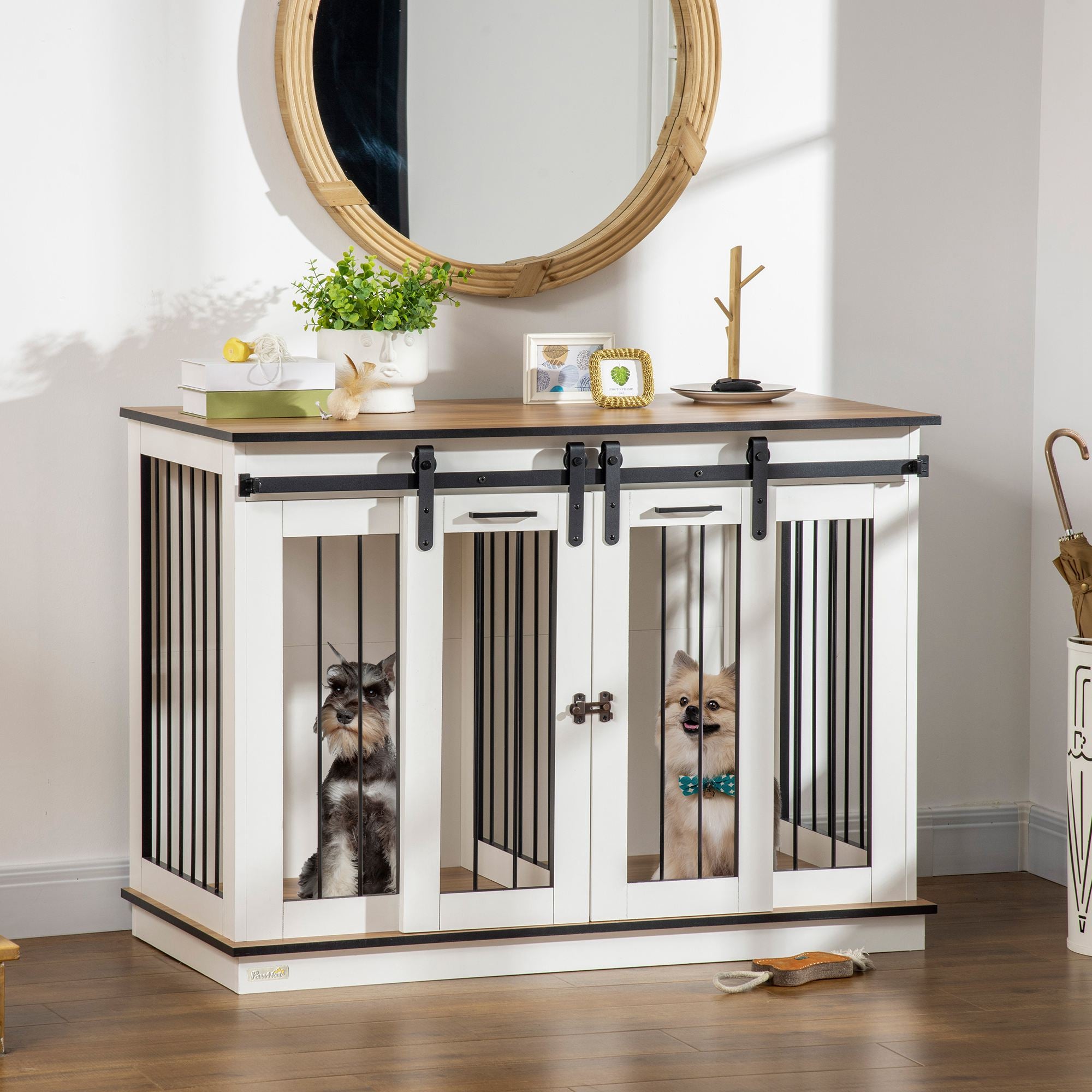 PawHut Hundekäfig mit 2 Türen, Hundebox, Transportbox für Hunde, rustikales Design, verriegelbar, Weiß