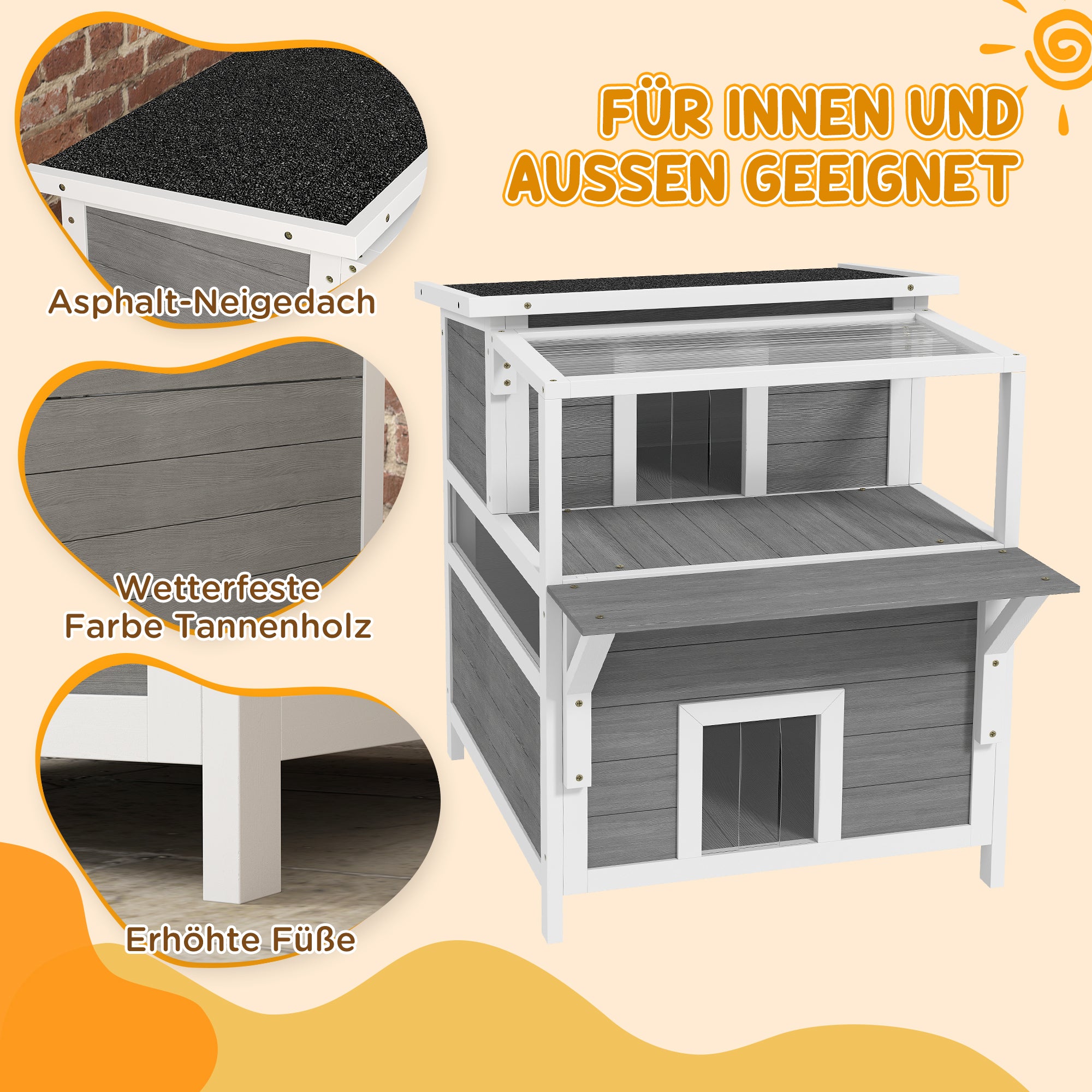 PawHut 2-stöckiges Katzenhaus mit Balkon, Wetterfeste Katzenhütte, Regen- und Sonnenschutz, für drinnen und draußen, Hellgrau