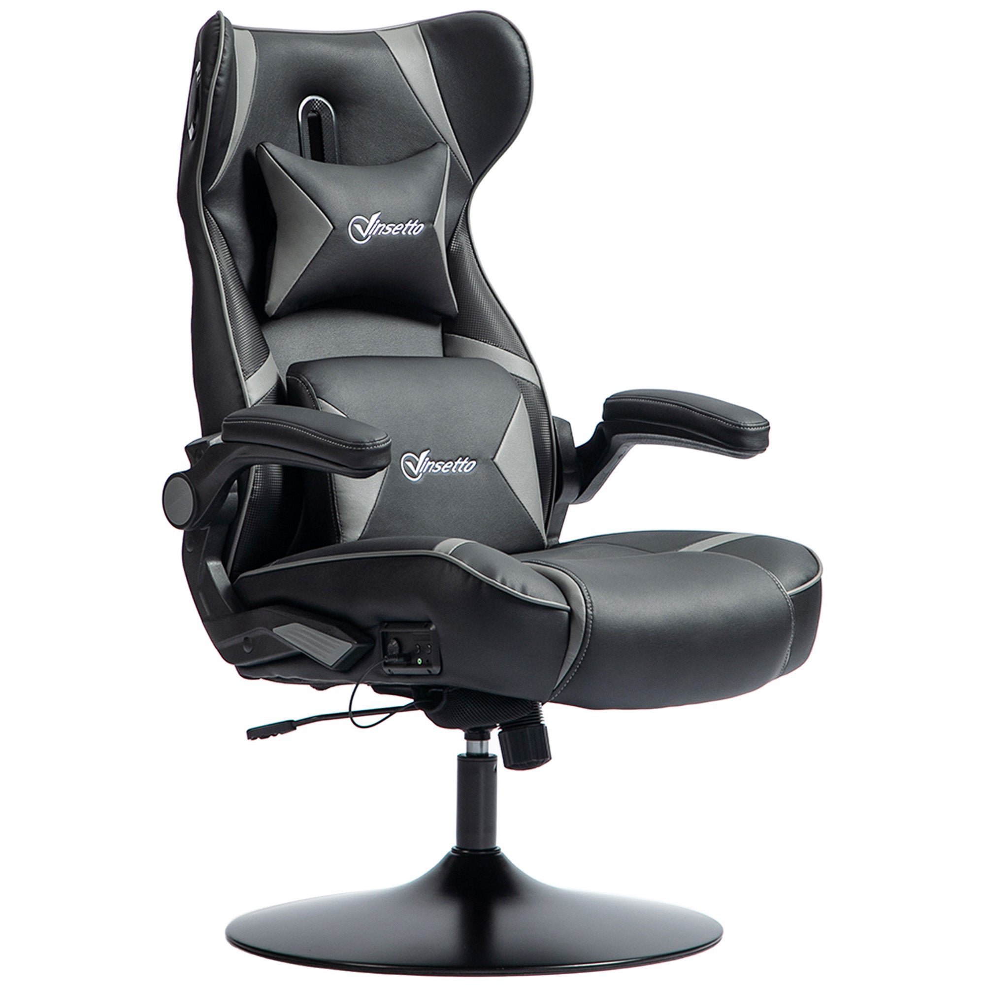 Vinsetto Gaming Stuhl mit Schaukelfunktion und Lautsprecher, Lenden- und Nackenstütze, für Spielzimmer, Kunstleder, Grau+Schwarz