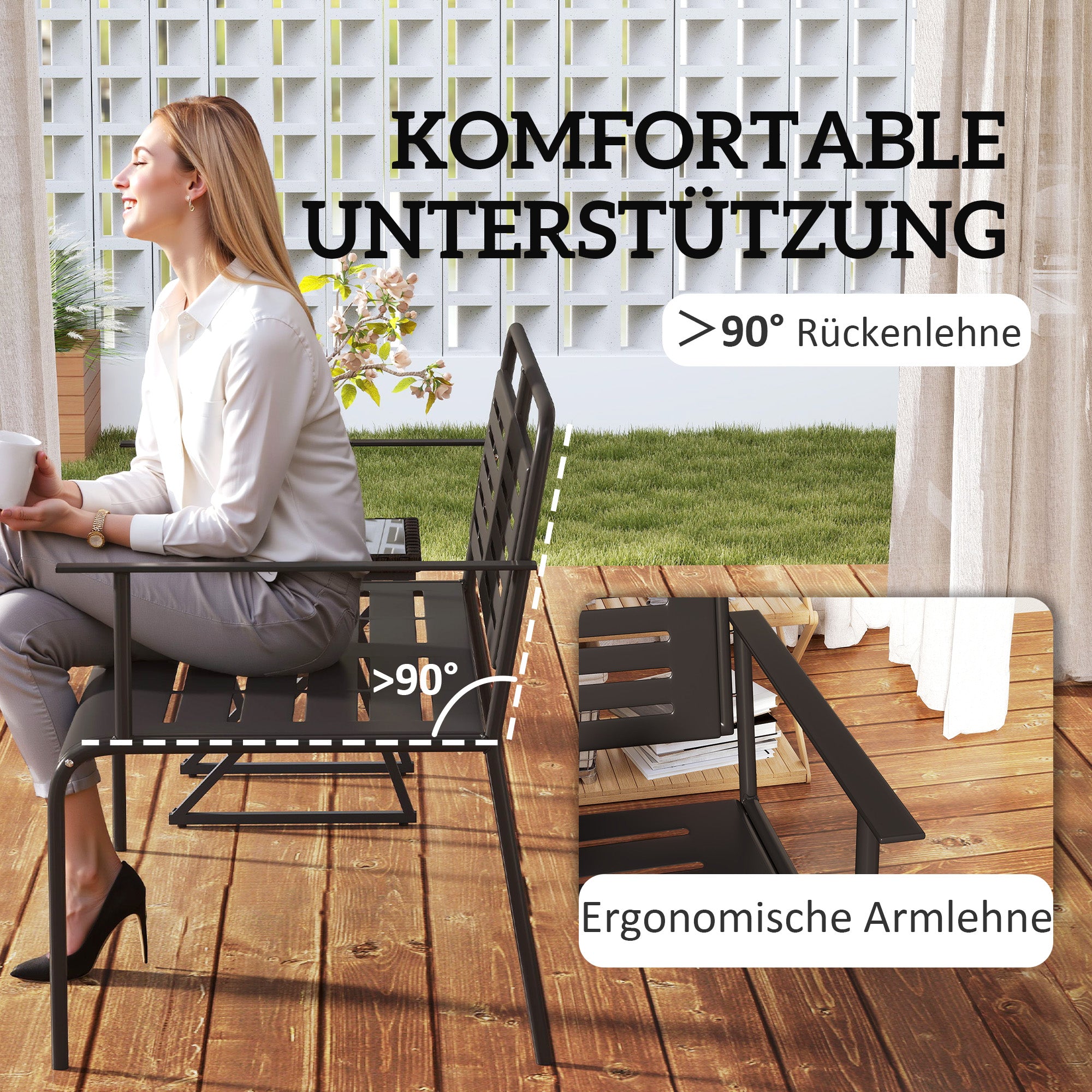 Outsunny -Sitzer Gartenbank, wetterfest Sitzbank, wasserabweisend Gartenmöbel mit Rücken- & Armlehnen 121 x 64 x 84cm, Schwarz