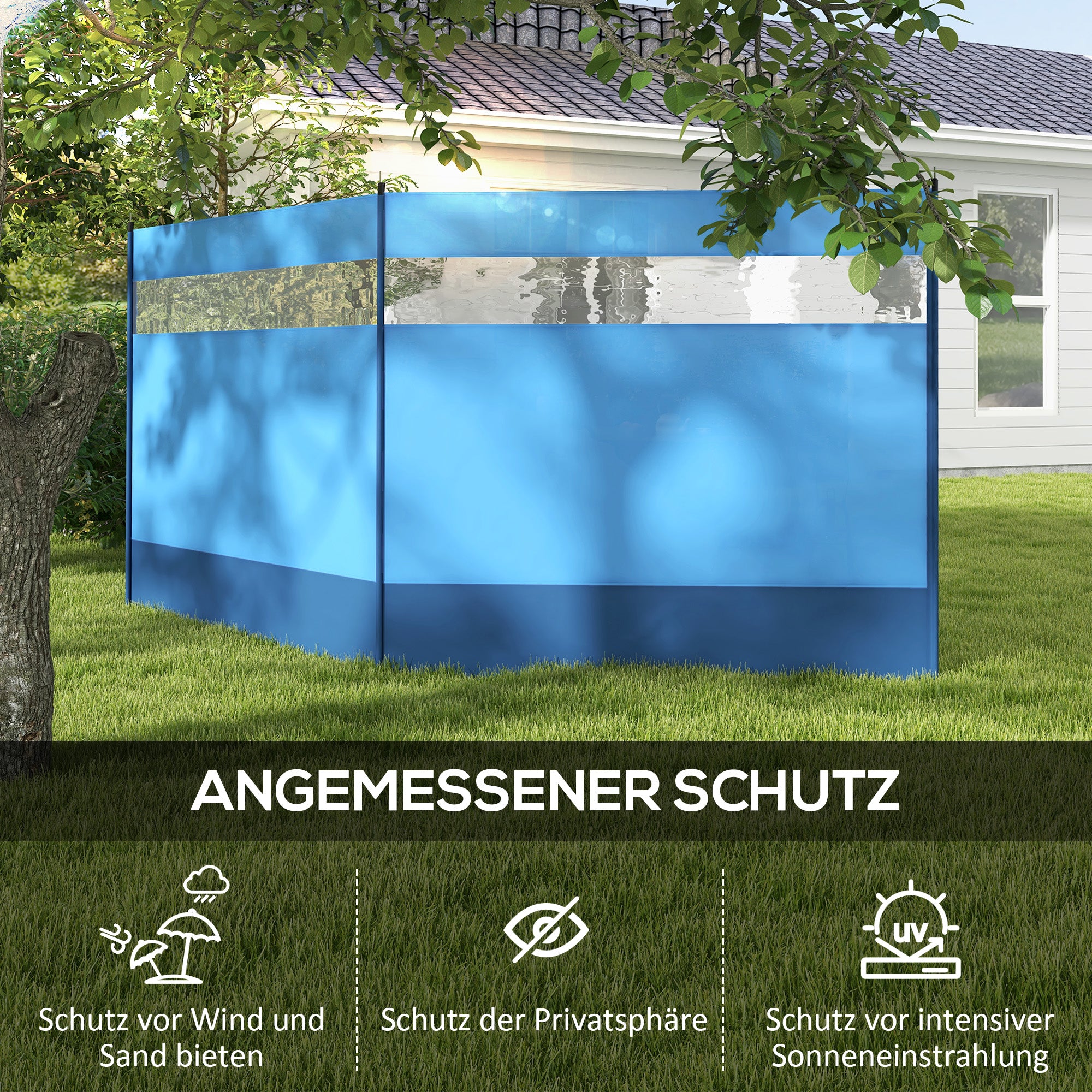 Outsunny Windschutz mit Sichtfenster und Tragetasche, Stahlstangen, 440x140cm, Blau