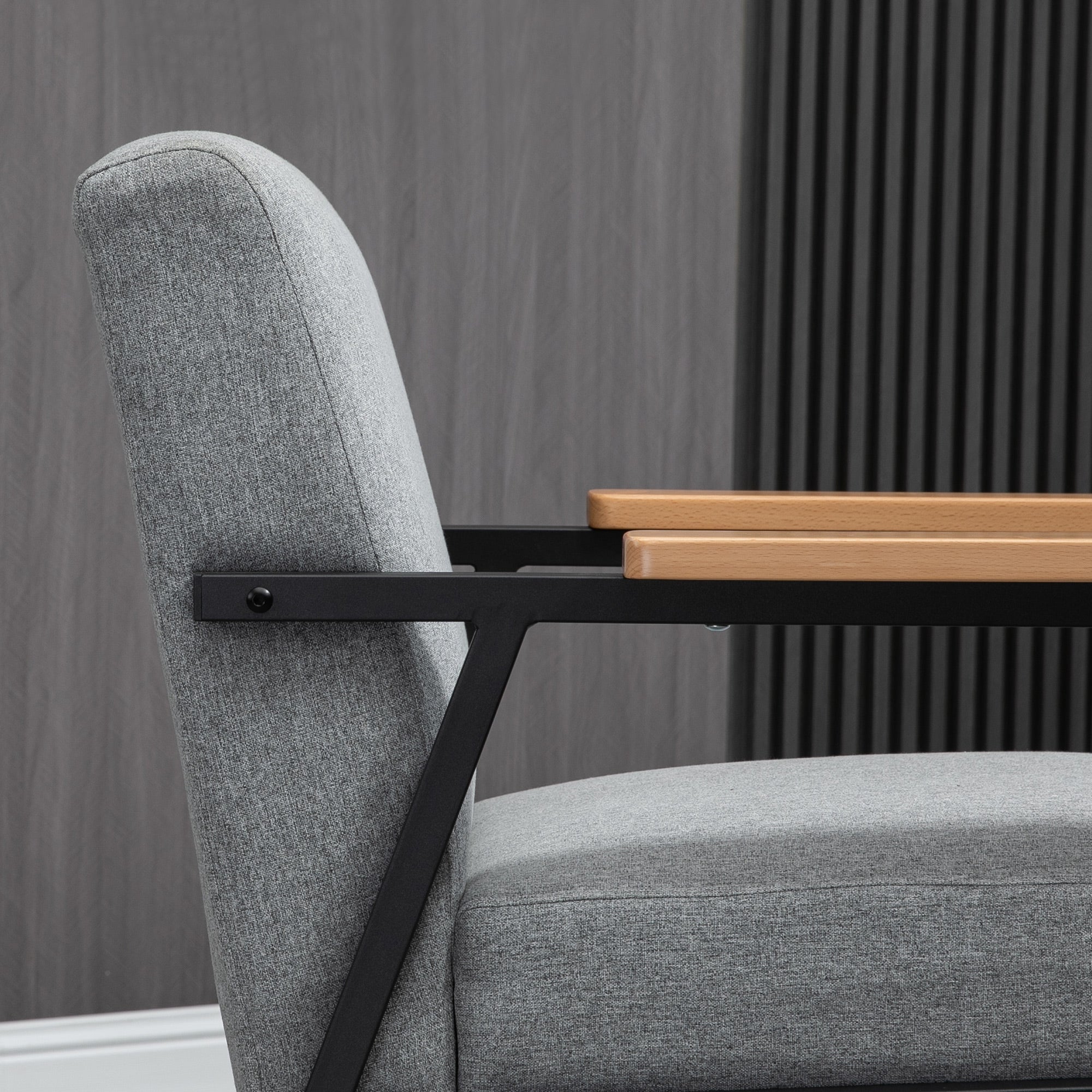 HOMCOM Akzentsessel im Skandidesign, Ruhesessel ,Akzentstuhl, Leinenoptik, Kautschukholz, Grau + Schwarz + Braun