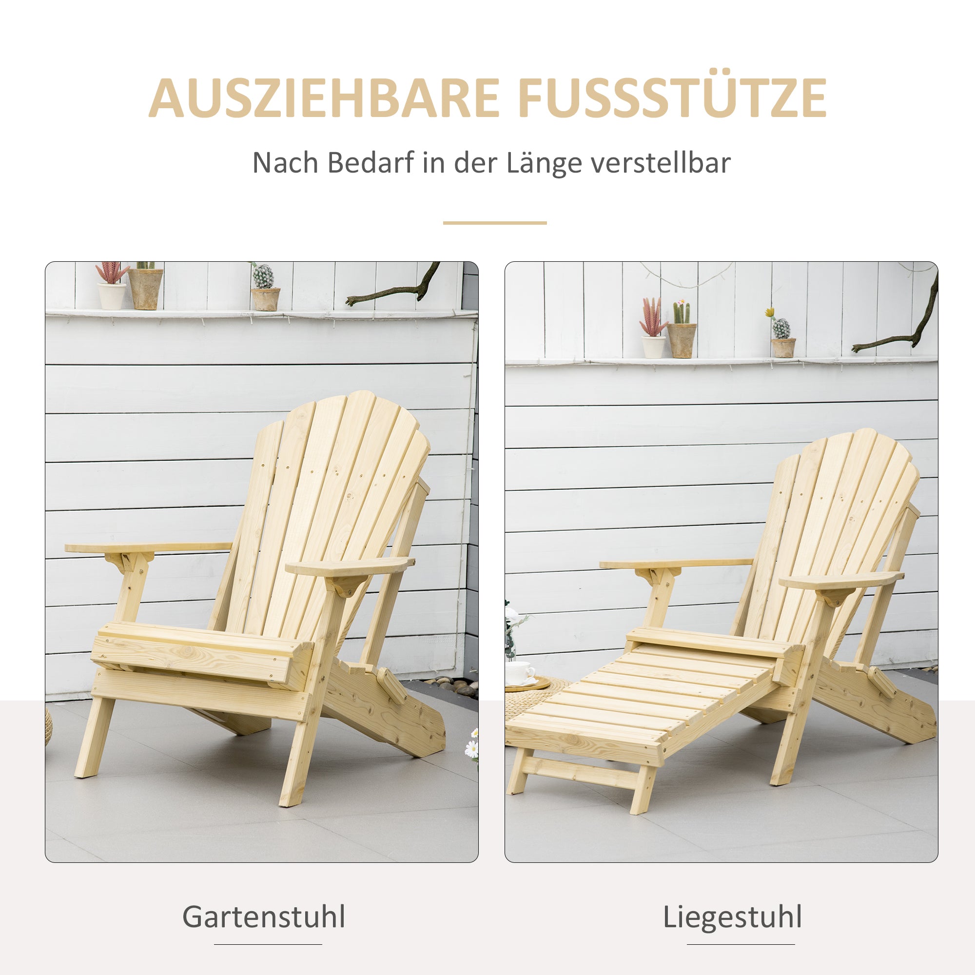 Outsunny Adirondack Stuhl Klappbar Adirondack Chair aus Holz Outdoor Gartenstuhl mit Fußstütze Hoher Rücken- und Armlehnen Balkonstuhl Gartensessel für Garten, Balkon 78 x 140 x 94cm Natur