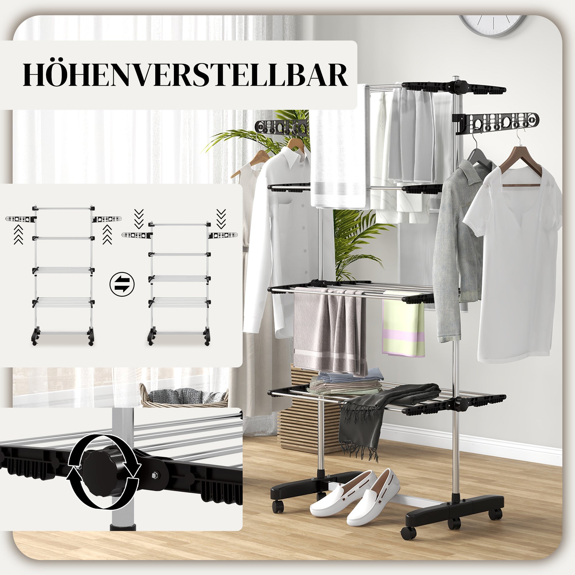 HOMCOM Wäschenständer Wäschetrockner 5 Ebenen, klappbar, One-Klick-System, 142 cm x 55 cm x1 72 cm, Schwarz + Silber