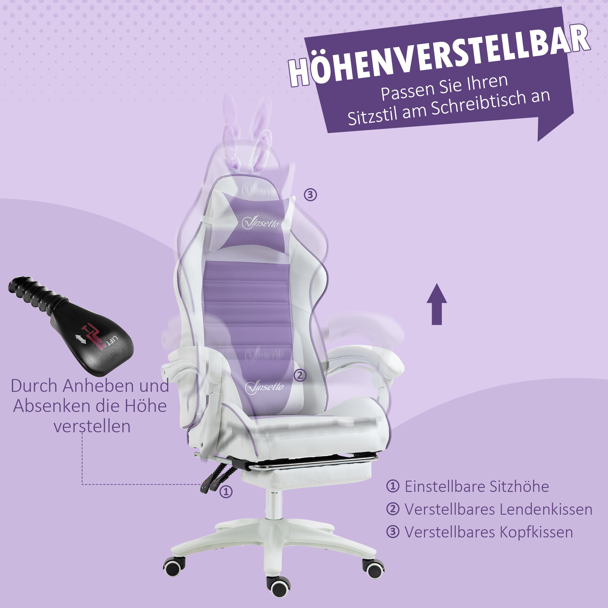 Vinsetto Gaming Stuhl Ergonomischer Gamer Stuhl mit Lendenwirbelstütze, Fußstütze Hasenohren Kopfkissen Violett